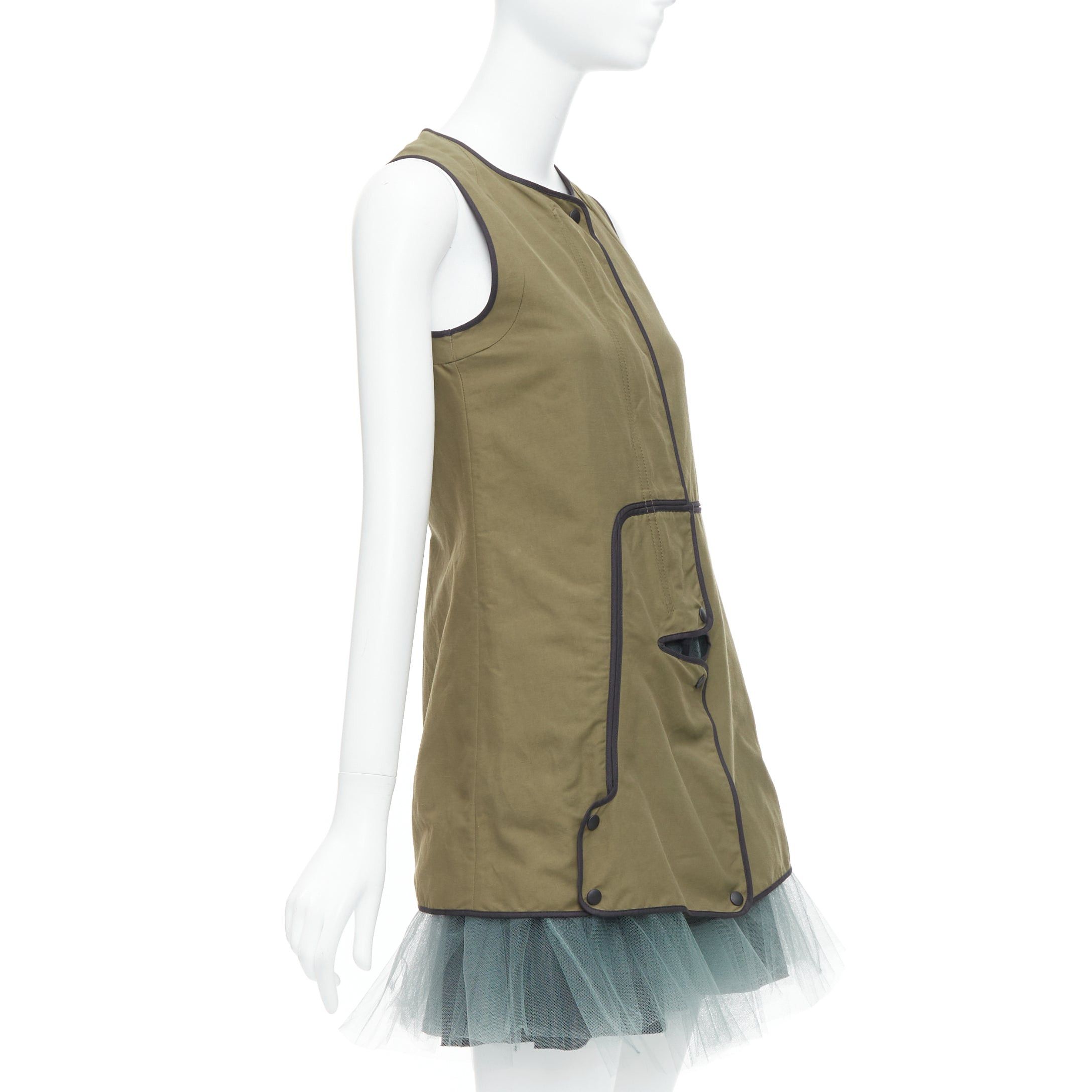Marni MARNI 2011 khaki utility cutout vest green tulle hem mini dress IT36 XXS Size XS / US 0-2 / IT 36-38 - 3 Thumbnail