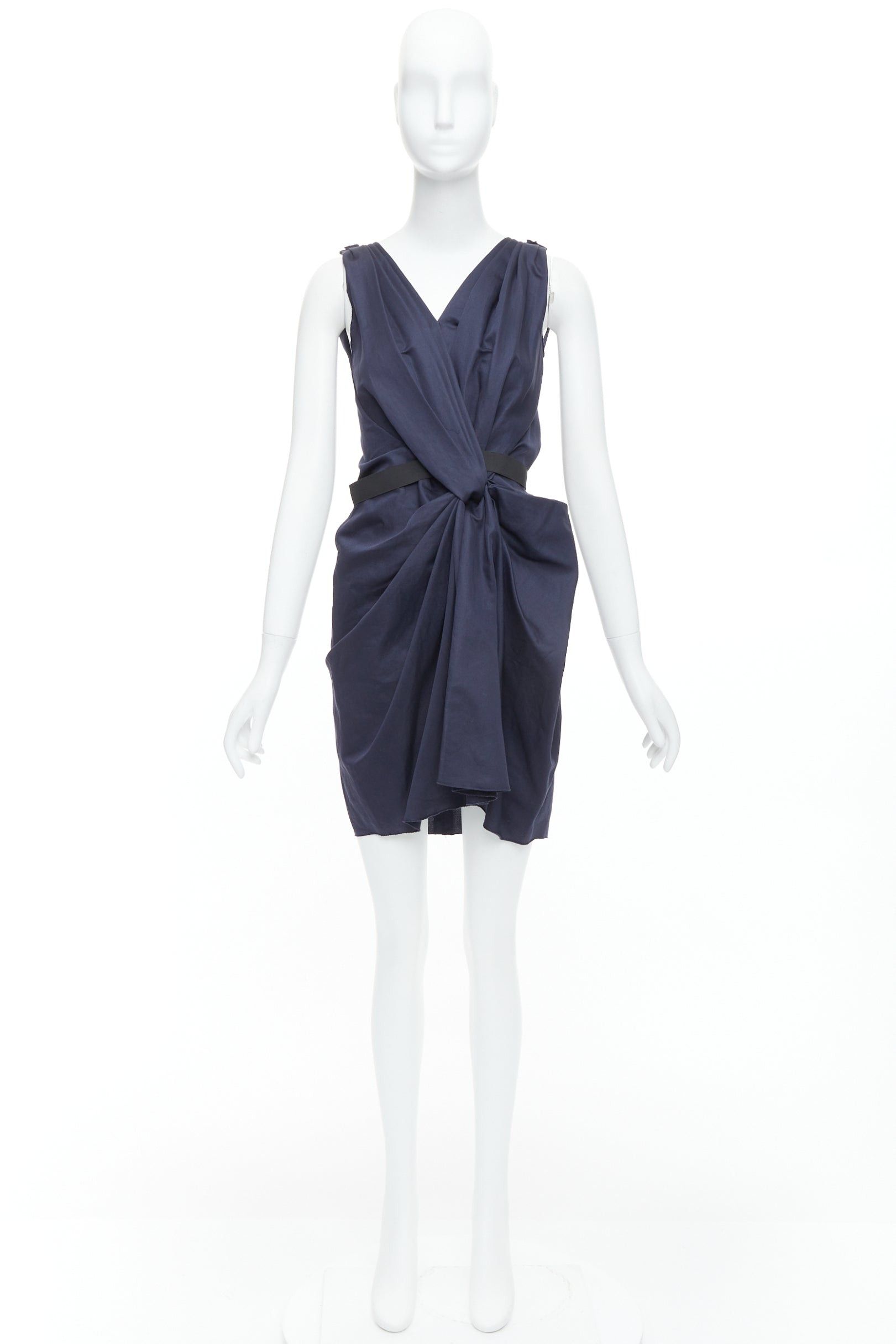 Lanvin LANVIN 2010 navy ramie cotton drape black belted mini dress FR36 S Size S / US 4 / IT 40 - 9 Thumbnail