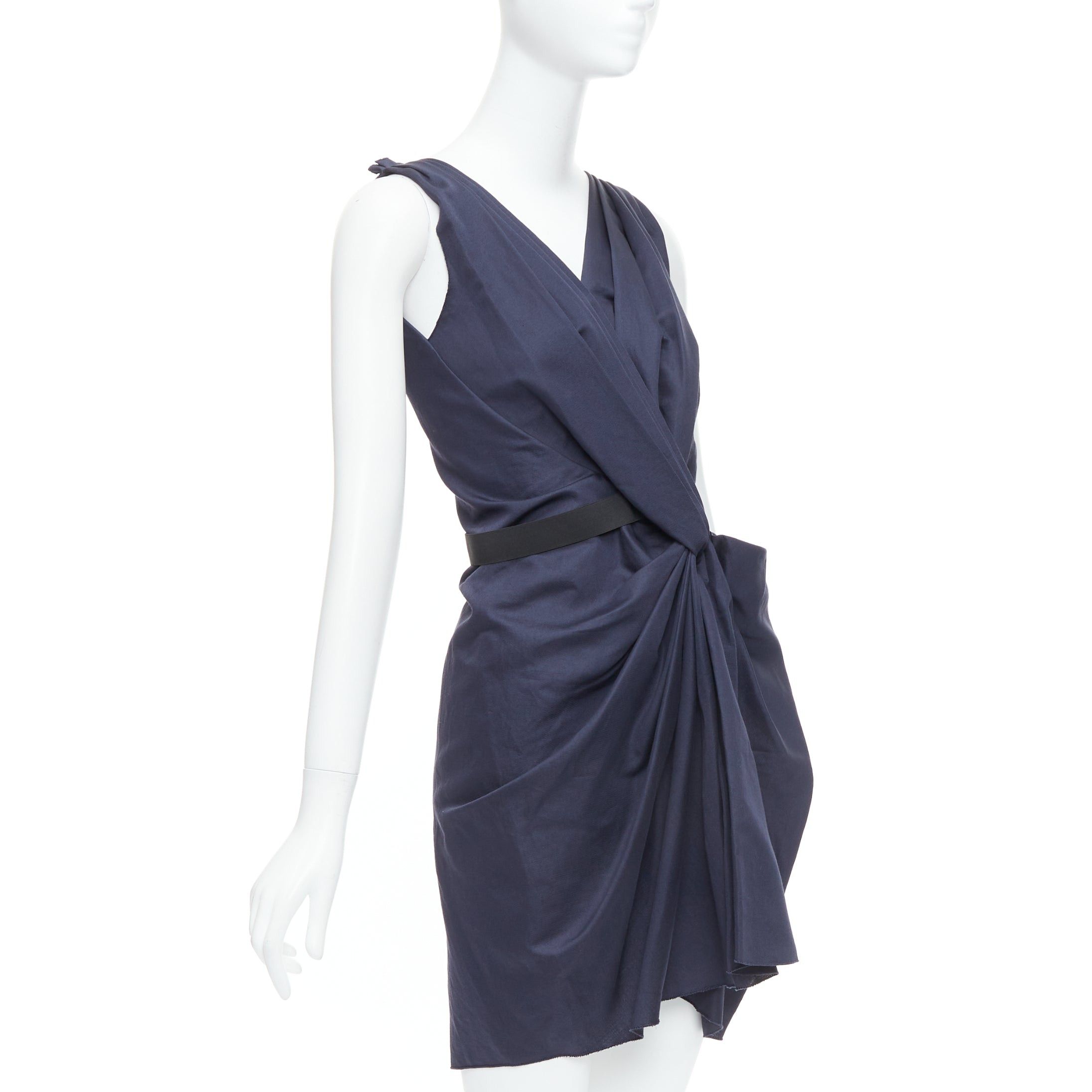 Lanvin LANVIN 2010 navy ramie cotton drape black belted mini dress FR36 S Size S / US 4 / IT 40 - 3 Thumbnail