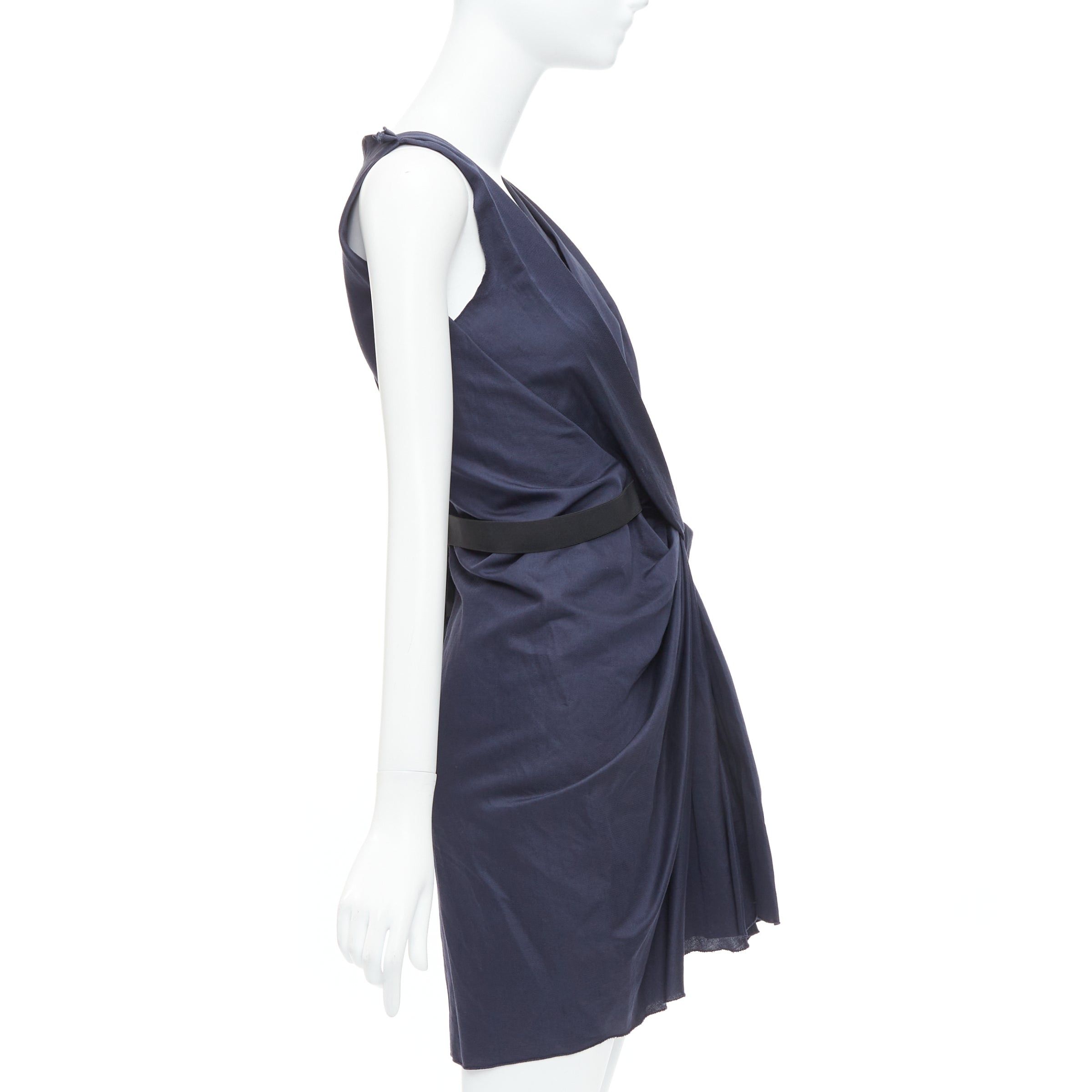 Lanvin LANVIN 2010 navy ramie cotton drape black belted mini dress FR36 S Size S / US 4 / IT 40 - 4 Thumbnail