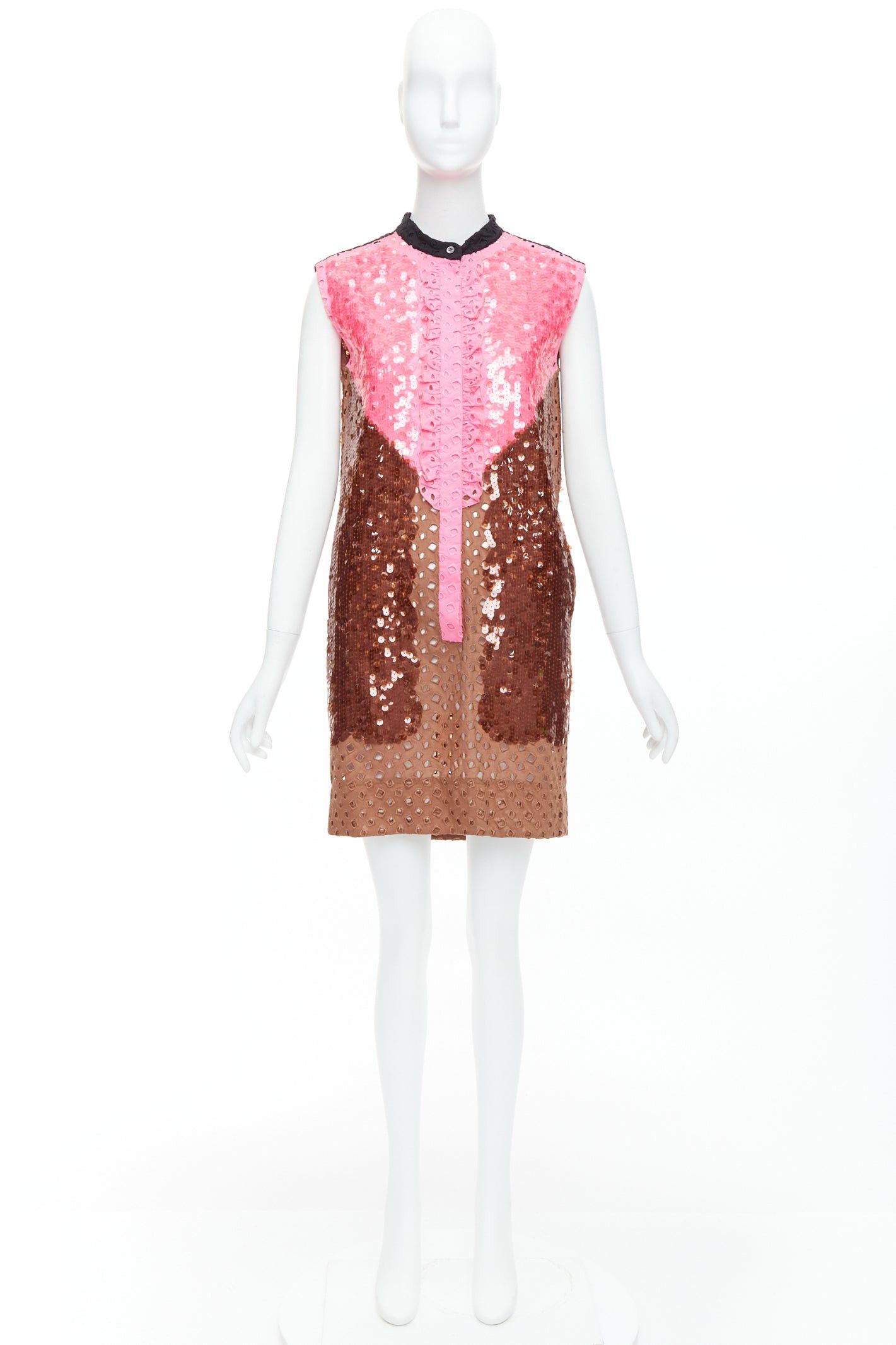 Louis Vuitton rare LOUIS VUITTON pink brown colorblock sequins embroidery anglais dress FR34 XS Size XS / US 0-2 / IT 36-38 - 9 Thumbnail