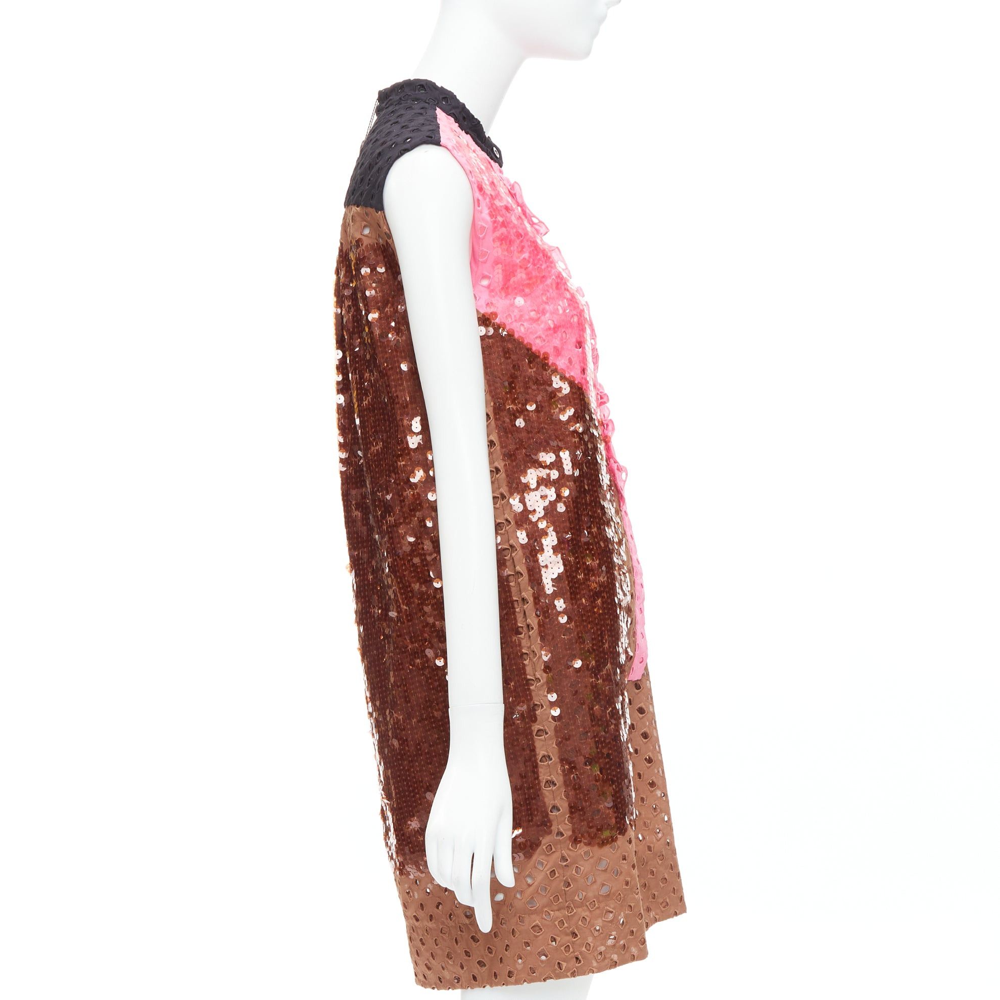 Louis Vuitton rare LOUIS VUITTON pink brown colorblock sequins embroidery anglais dress FR34 XS Size XS / US 0-2 / IT 36-38 - 4 Thumbnail