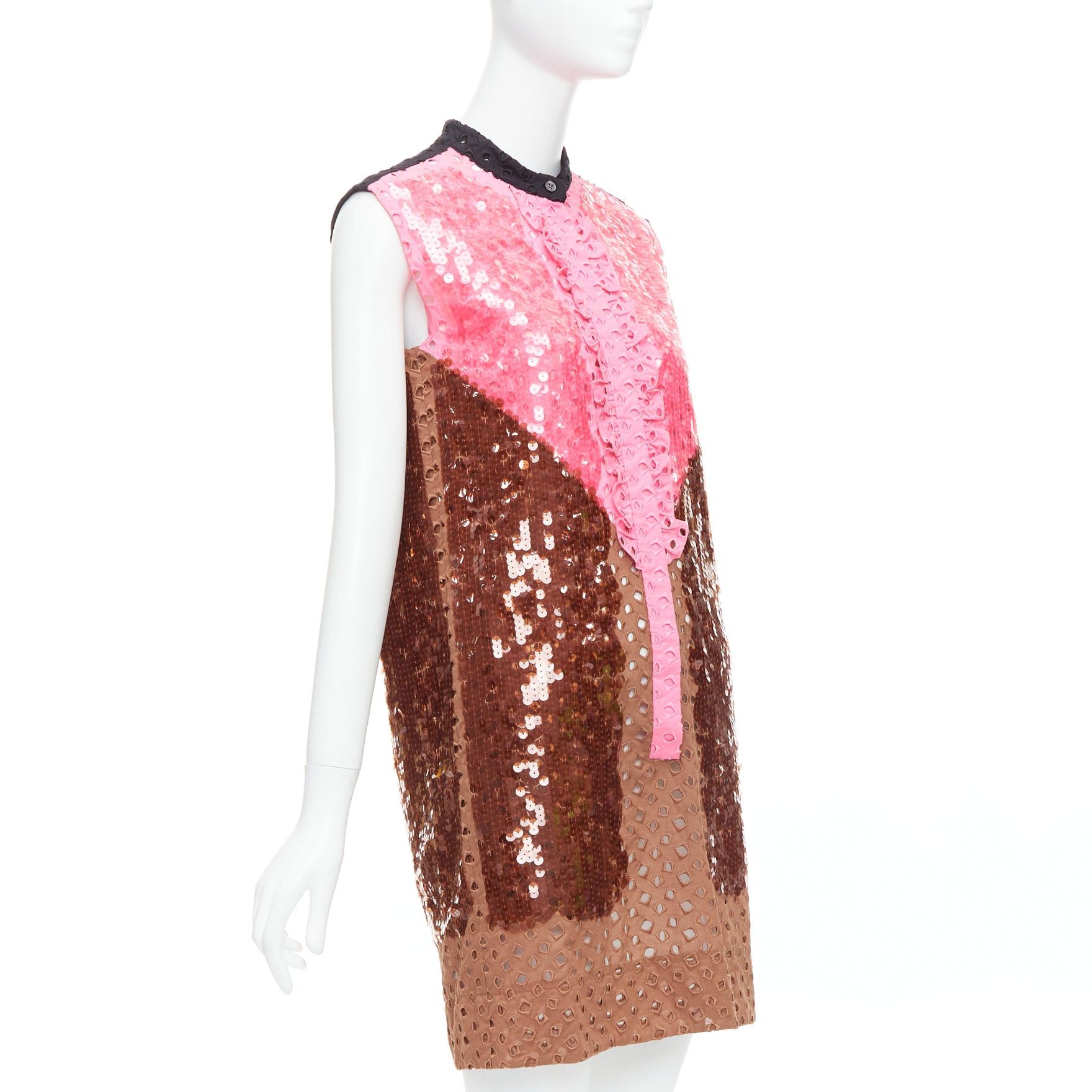 Louis Vuitton rare LOUIS VUITTON pink brown colorblock sequins embroidery anglais dress FR34 XS Size XS / US 0-2 / IT 36-38 - 3 Thumbnail