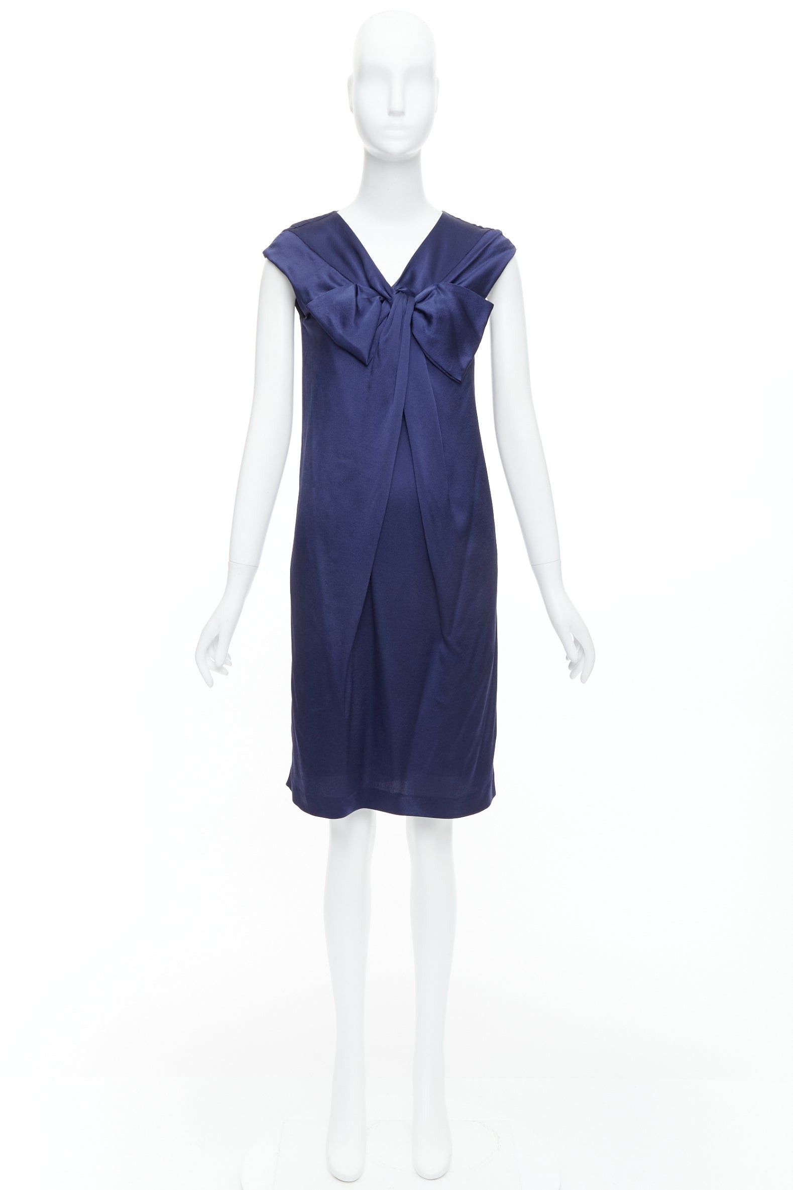 Alberta Ferretti ALBERTA FERRETTI 100% silk navy bow detail cap sleeve V neck dress IT38 XS Size XS / US 0-2 / IT 36-38 - 9 Thumbnail