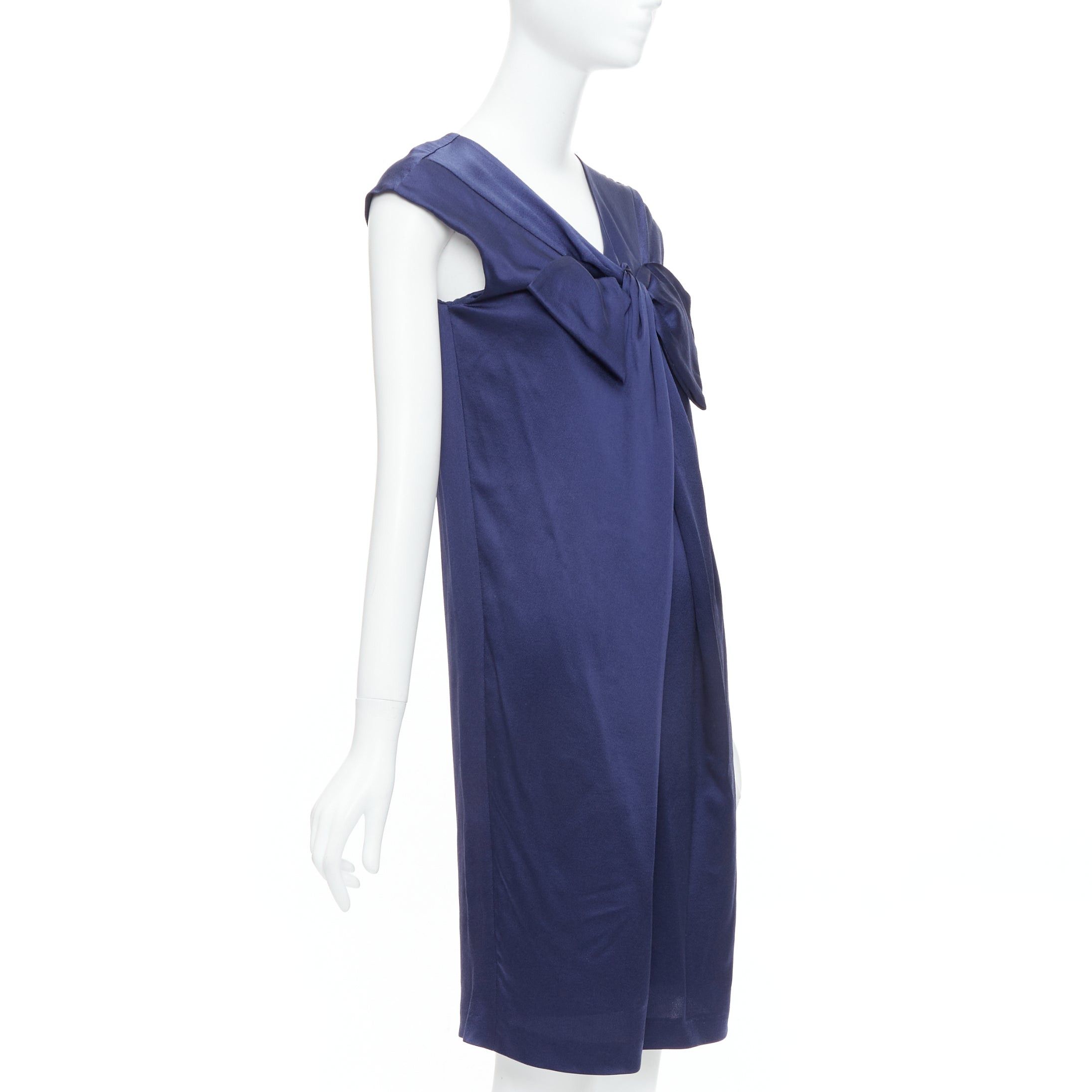 Alberta Ferretti ALBERTA FERRETTI 100% silk navy bow detail cap sleeve V neck dress IT38 XS Size XS / US 0-2 / IT 36-38 - 3 Thumbnail