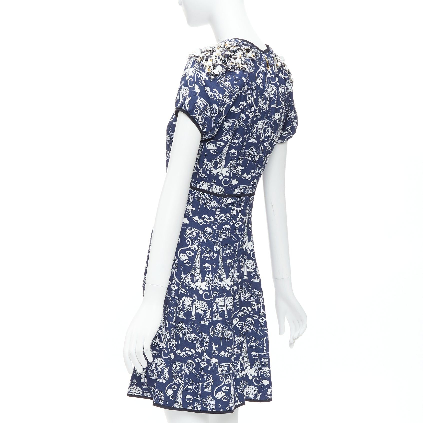 Louis Vuitton LOUIS VUITTON navy Paris City print embellished neckline dress FR36 S Size S / US 4 / IT 40 - 6 Thumbnail