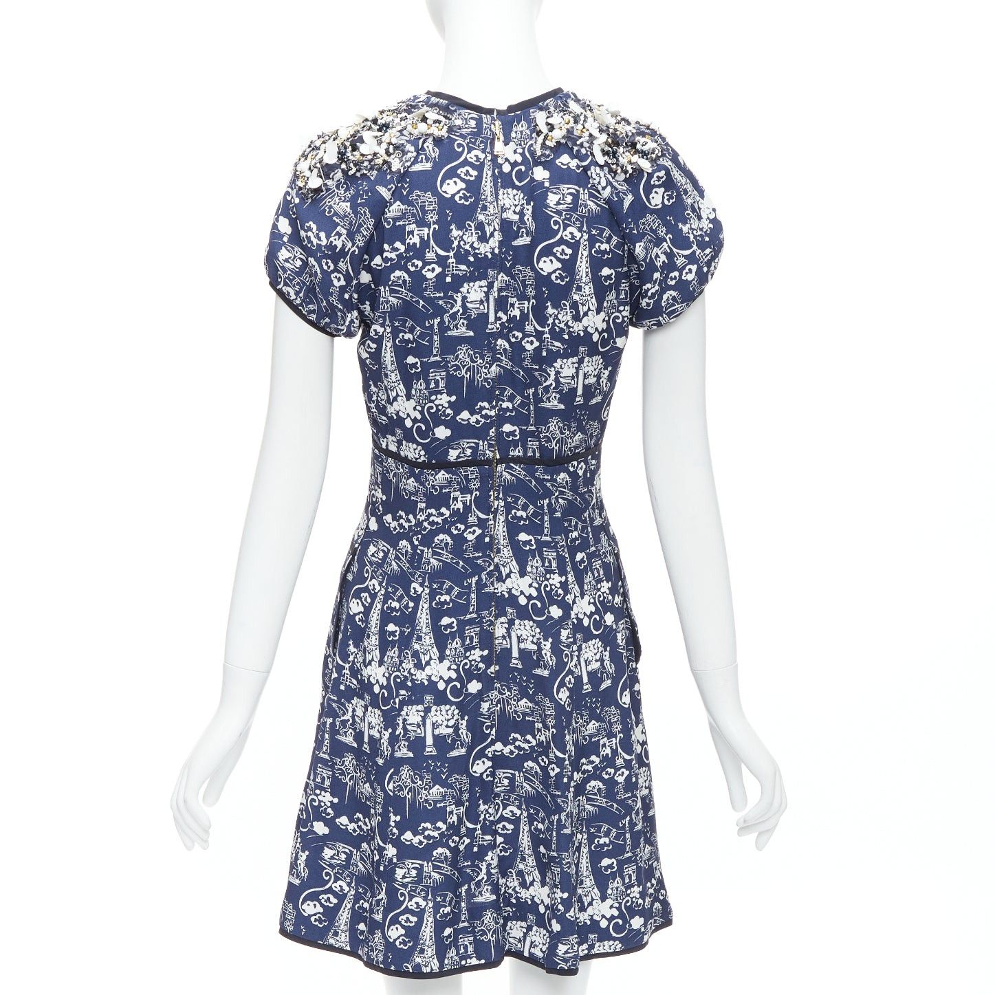 Louis Vuitton LOUIS VUITTON navy Paris City print embellished neckline dress FR36 S Size S / US 4 / IT 40 - 5 Thumbnail