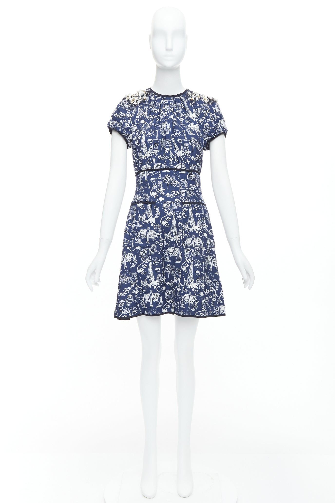 Louis Vuitton LOUIS VUITTON navy Paris City print embellished neckline dress FR36 S Size S / US 4 / IT 40 - 9 Thumbnail