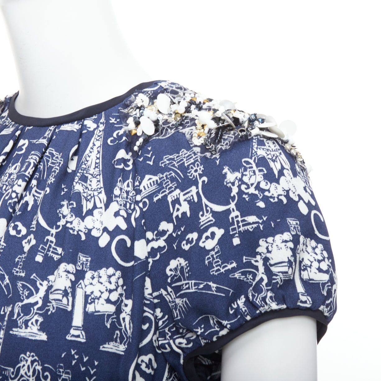 Louis Vuitton LOUIS VUITTON navy Paris City print embellished neckline dress FR36 S Size S / US 4 / IT 40 - 2 Thumbnail