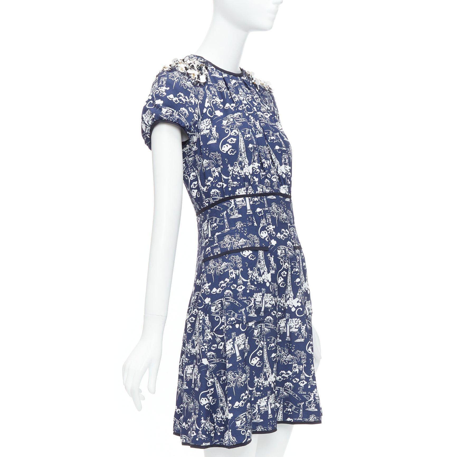 Louis Vuitton LOUIS VUITTON navy Paris City print embellished neckline dress FR36 S Size S / US 4 / IT 40 - 3 Thumbnail