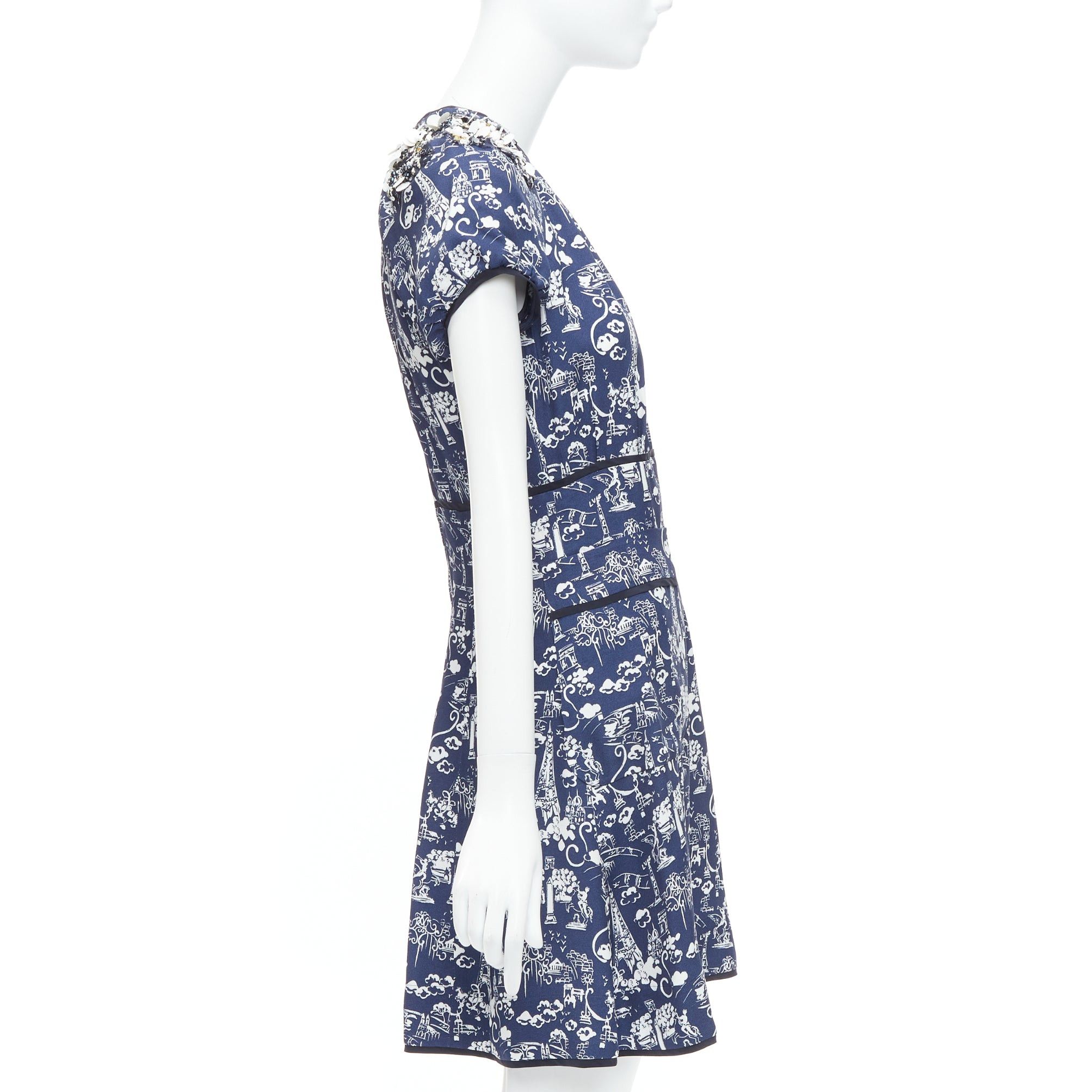 Louis Vuitton LOUIS VUITTON navy Paris City print embellished neckline dress FR36 S Size S / US 4 / IT 40 - 4 Thumbnail