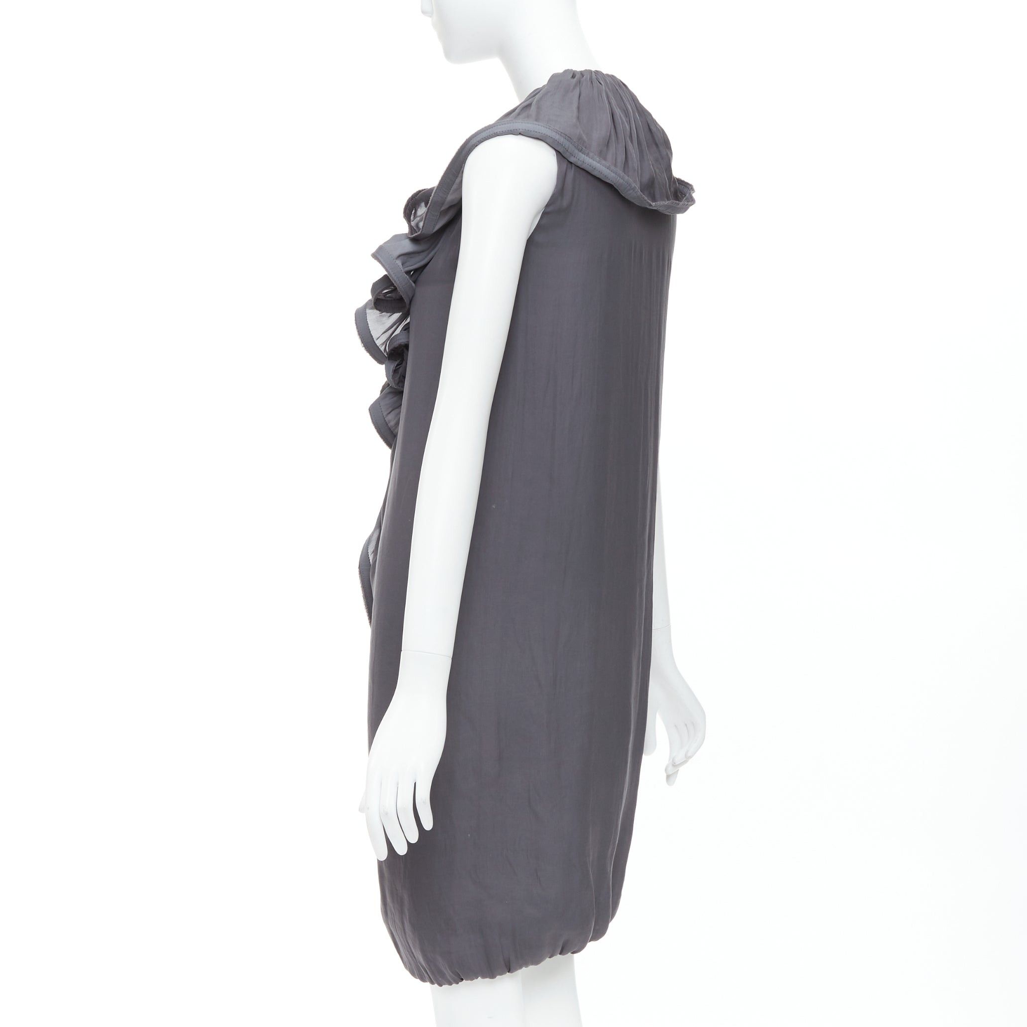 Lanvin LANVIN 2008 grey silky trimmed ruffle collar V neck knee dress FR34 XS Size XS / US 0-2 / IT 36-38 - 6 Thumbnail