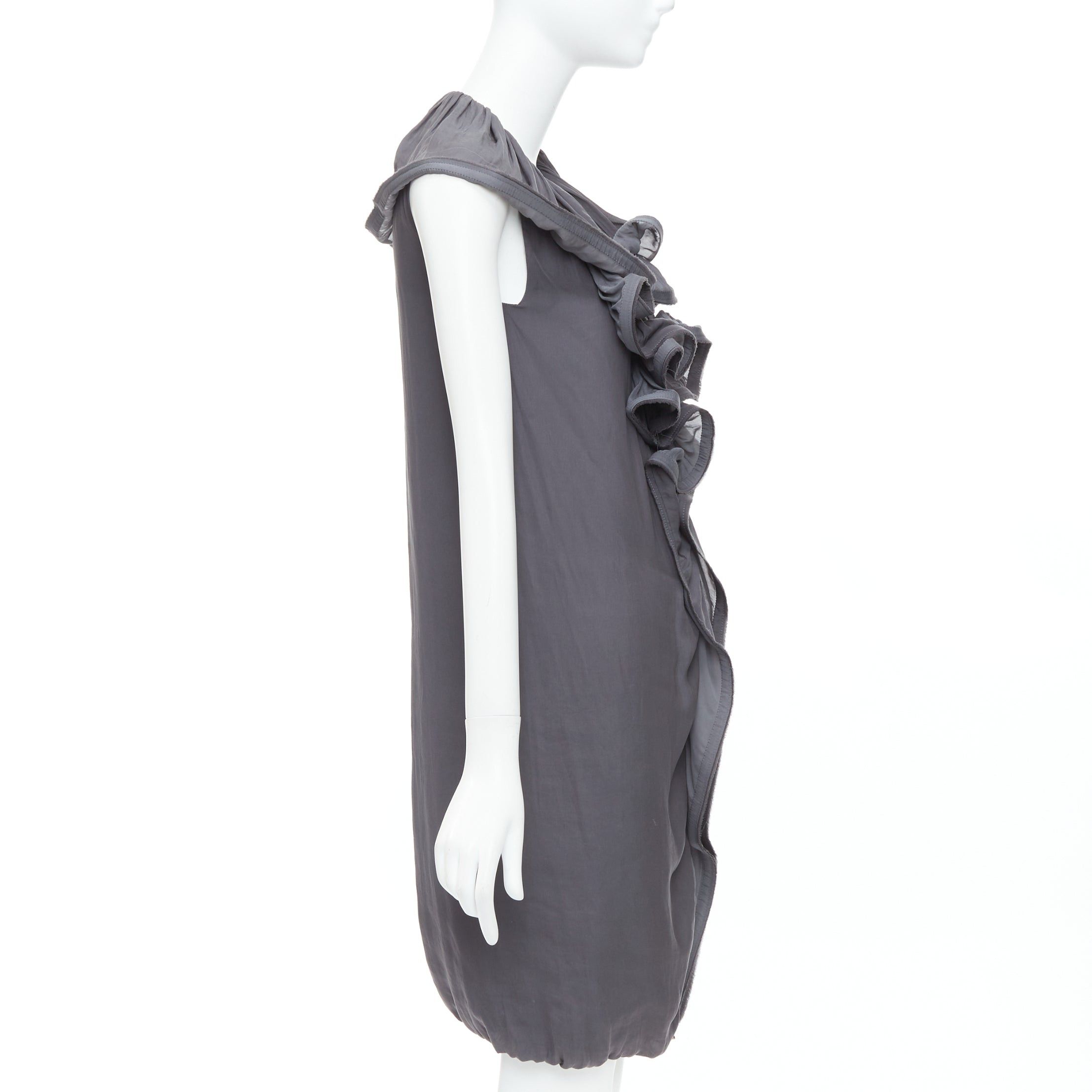 Lanvin LANVIN 2008 grey silky trimmed ruffle collar V neck knee dress FR34 XS Size XS / US 0-2 / IT 36-38 - 4 Thumbnail