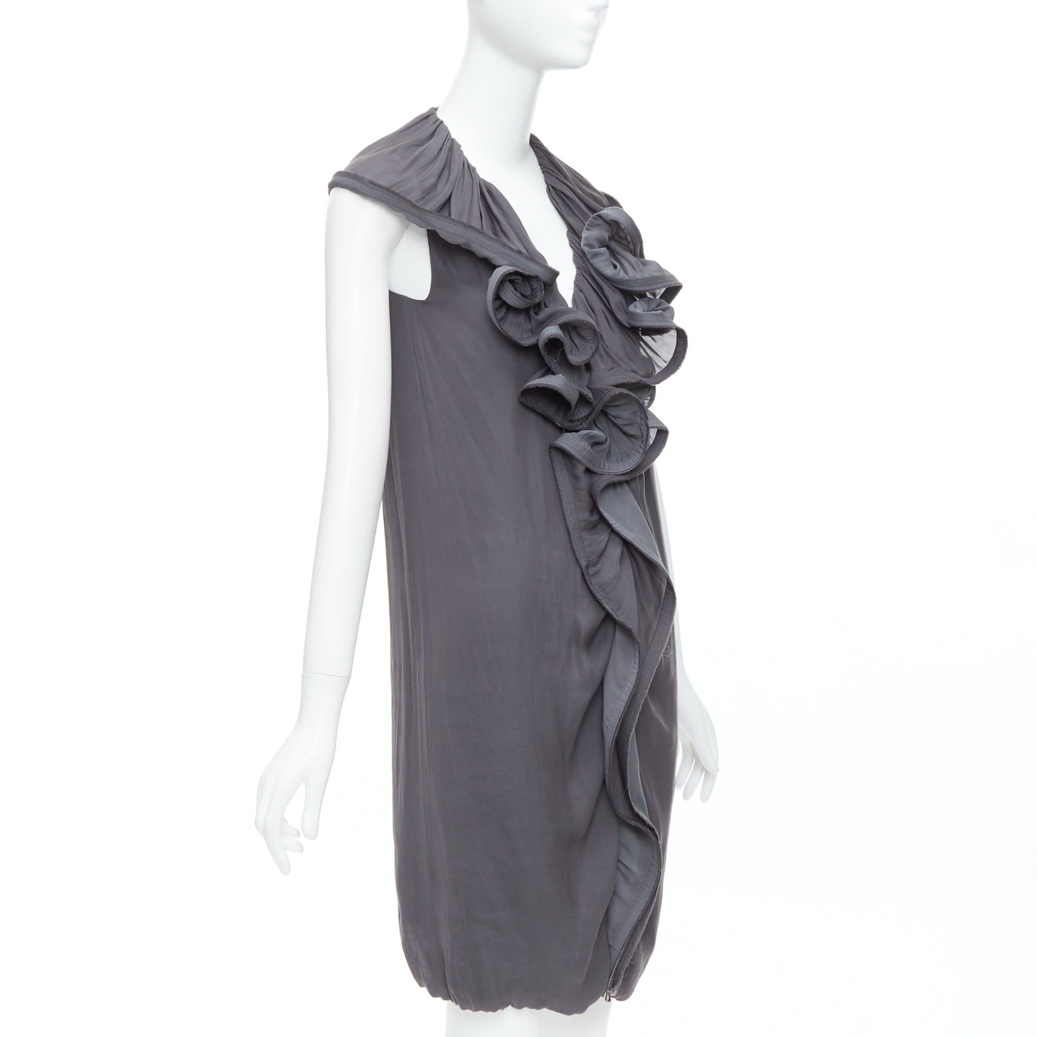 Lanvin LANVIN 2008 grey silky trimmed ruffle collar V neck knee dress FR34 XS Size XS / US 0-2 / IT 36-38 - 3 Thumbnail