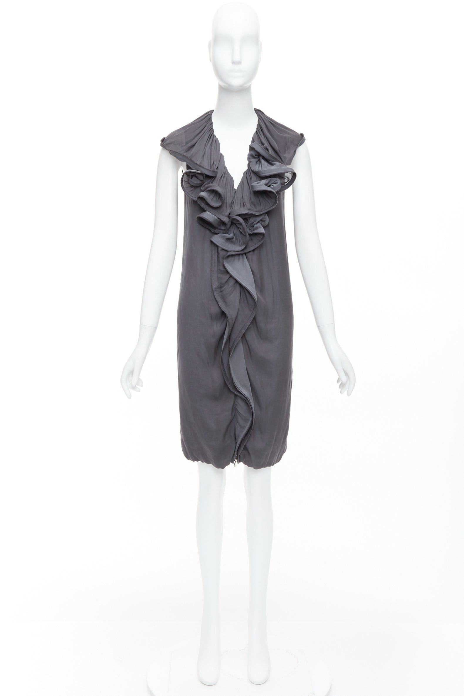 Lanvin LANVIN 2008 grey silky trimmed ruffle collar V neck knee dress FR34 XS Size XS / US 0-2 / IT 36-38 - 9 Thumbnail