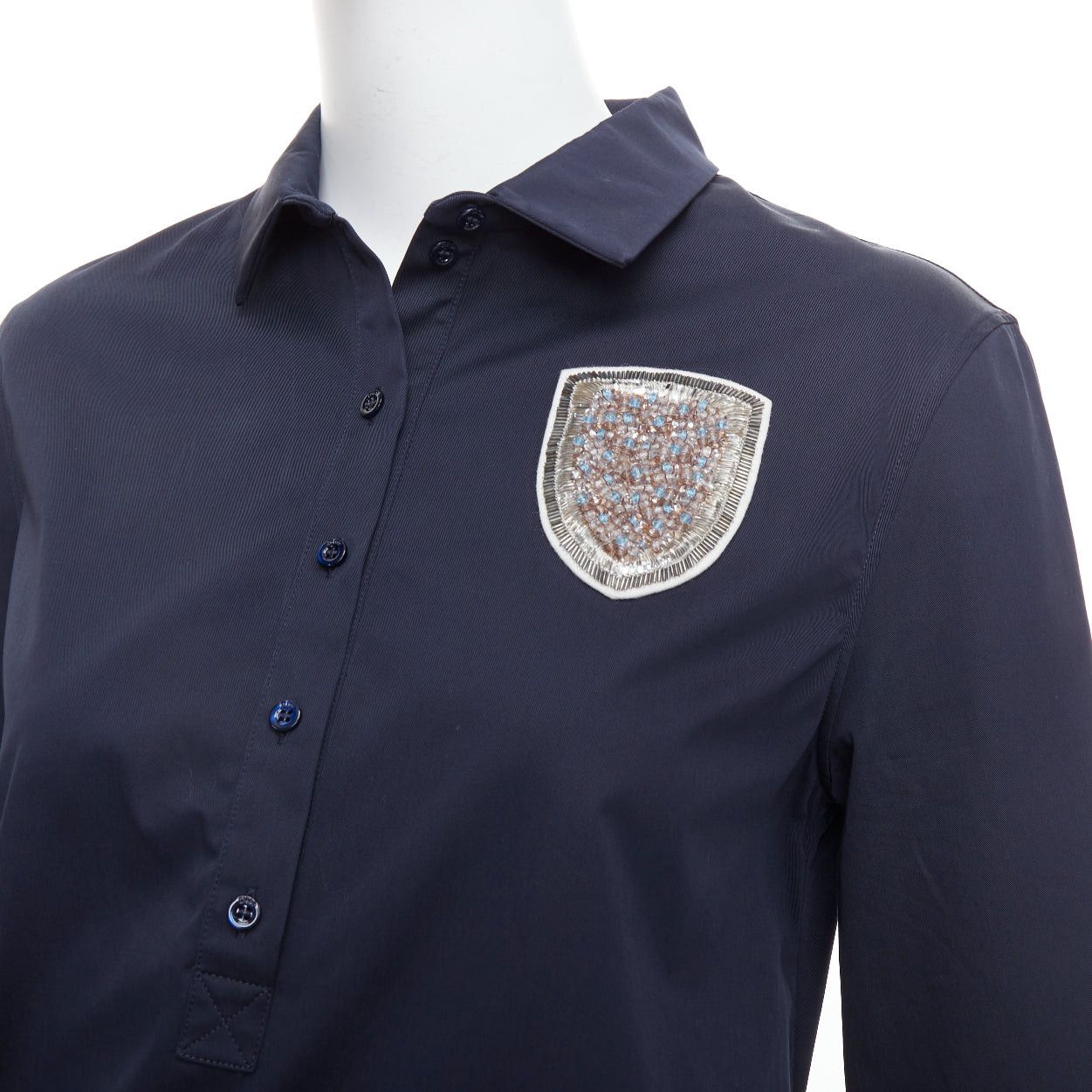 Dior CHRISTIAN DIOR navy cotton beaded crest badge button down dress FR36 S Size S / US 4 / IT 40 - 2 Thumbnail