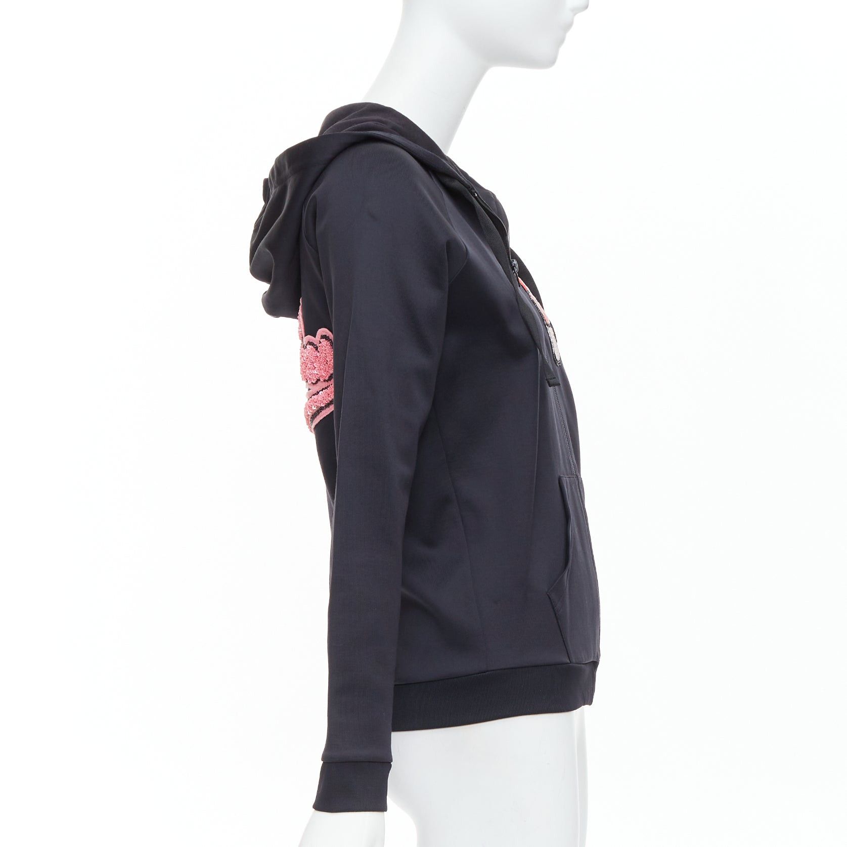 Valentino VALENTINO red pink velvet lipstick beaded applique black hoodie S Size S / US 4 / IT 40 - 5 Thumbnail