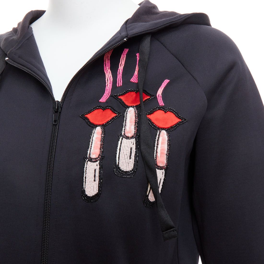 Valentino VALENTINO red pink velvet lipstick beaded applique black hoodie S Size S / US 4 / IT 40 - 2 Thumbnail