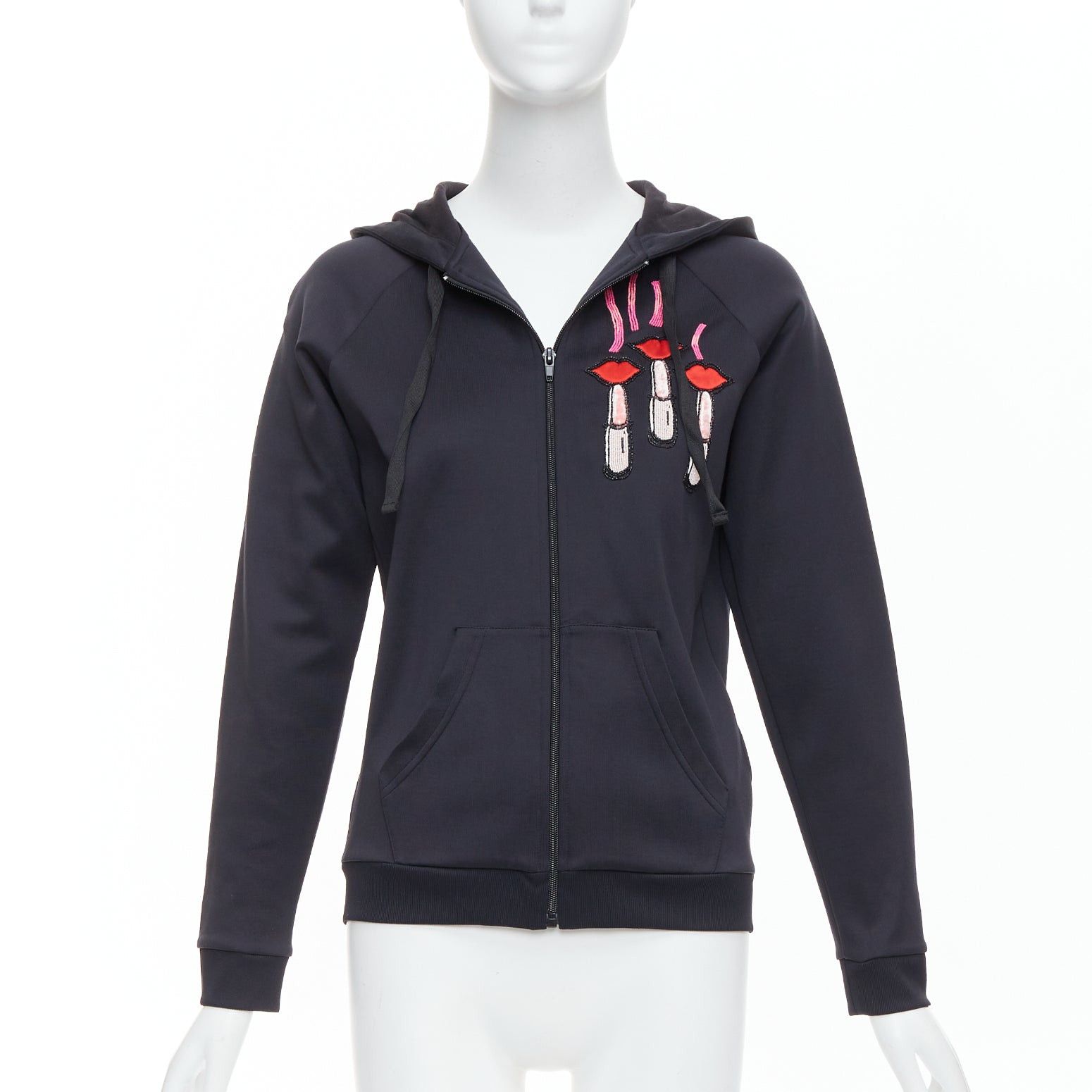 Valentino VALENTINO red pink velvet lipstick beaded applique black hoodie S Size S / US 4 / IT 40 - 3 Thumbnail