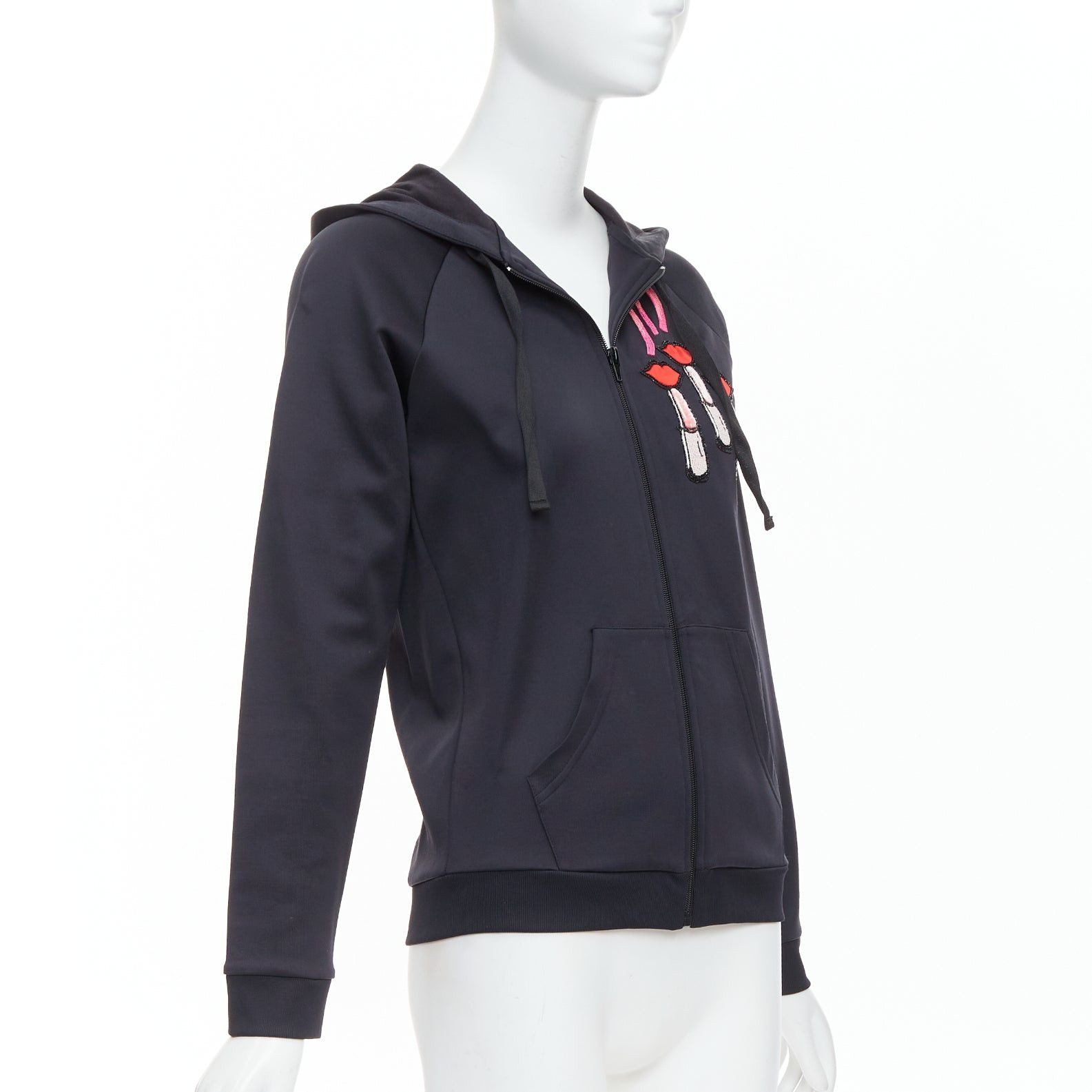 Valentino VALENTINO red pink velvet lipstick beaded applique black hoodie S Size S / US 4 / IT 40 - 4 Thumbnail