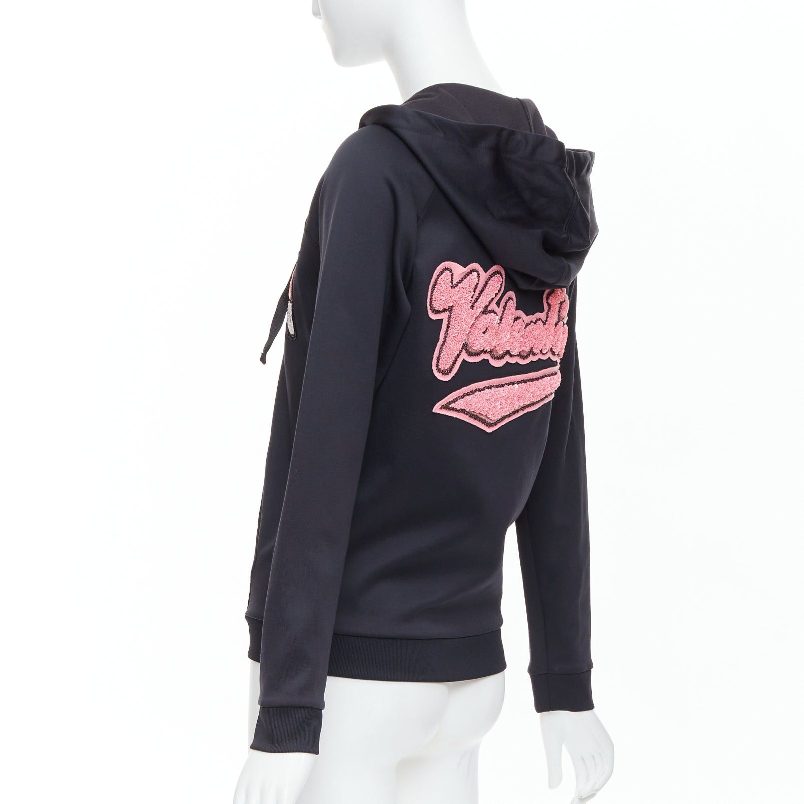 Valentino VALENTINO red pink velvet lipstick beaded applique black hoodie S Size S / US 4 / IT 40 - 6 Thumbnail