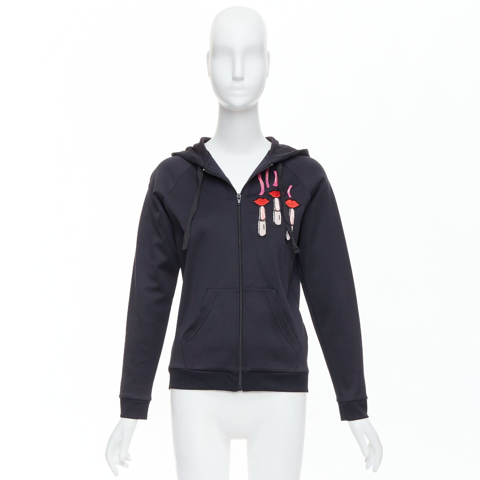 Valentino VALENTINO red pink velvet lipstick beaded applique black hoodie S Size S / US 4 / IT 40 - 9 Thumbnail