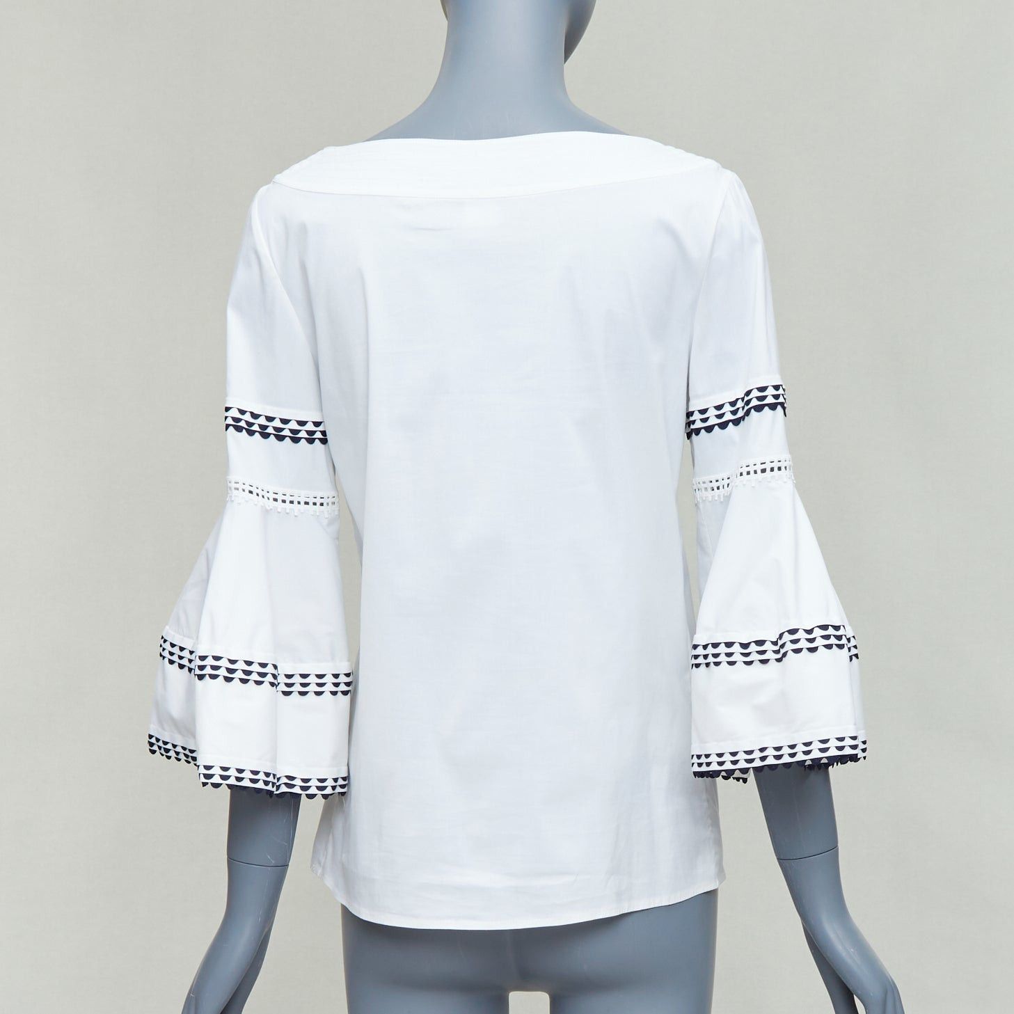 Oscar De La Renta OSCAR DE LA RENTA P17 cream black scallop trim flared sleeve top US4 S Size S / US 4 / IT 40 - 5 Thumbnail