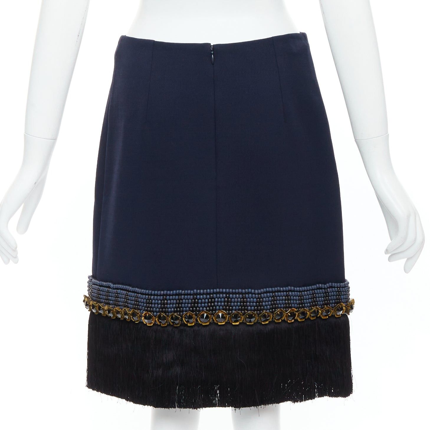 Marni MARNI navy bead black crystal fringe embellished hem knee skirt IT38 XS Size 26" / US 2 / IT 38 - 5 Thumbnail