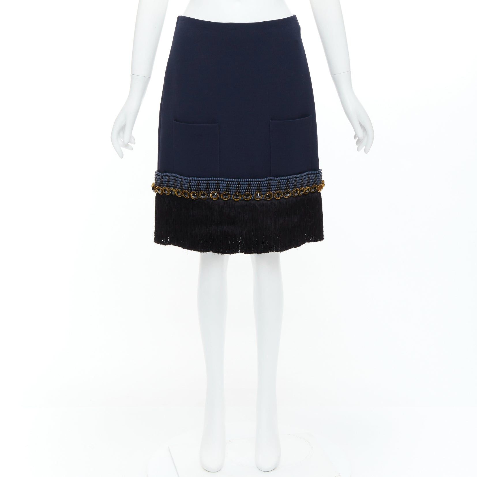 Marni MARNI navy bead black crystal fringe embellished hem knee skirt IT38 XS Size 26" / US 2 / IT 38 - 9 Thumbnail