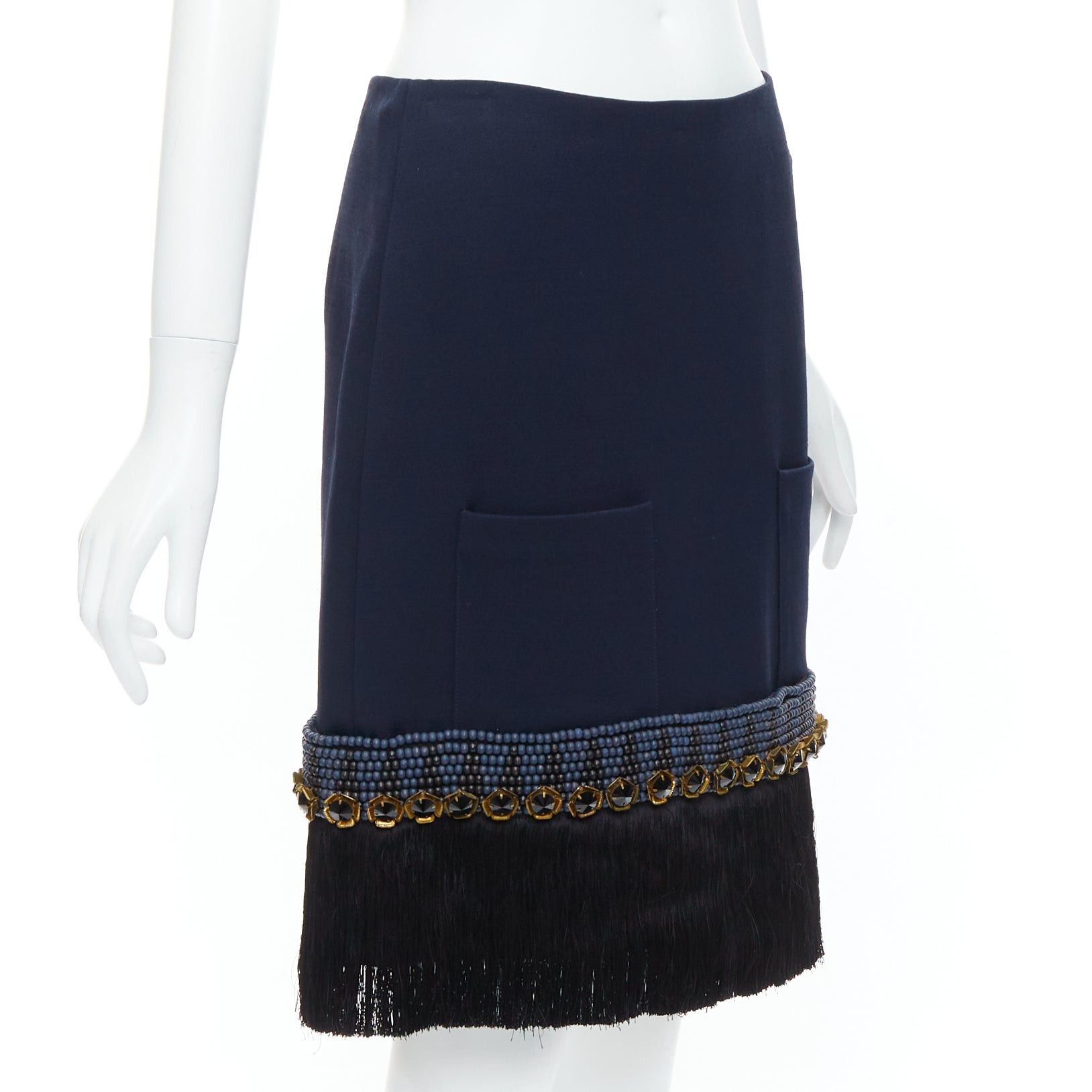 Marni MARNI navy bead black crystal fringe embellished hem knee skirt IT38 XS Size 26" / US 2 / IT 38 - 3 Thumbnail