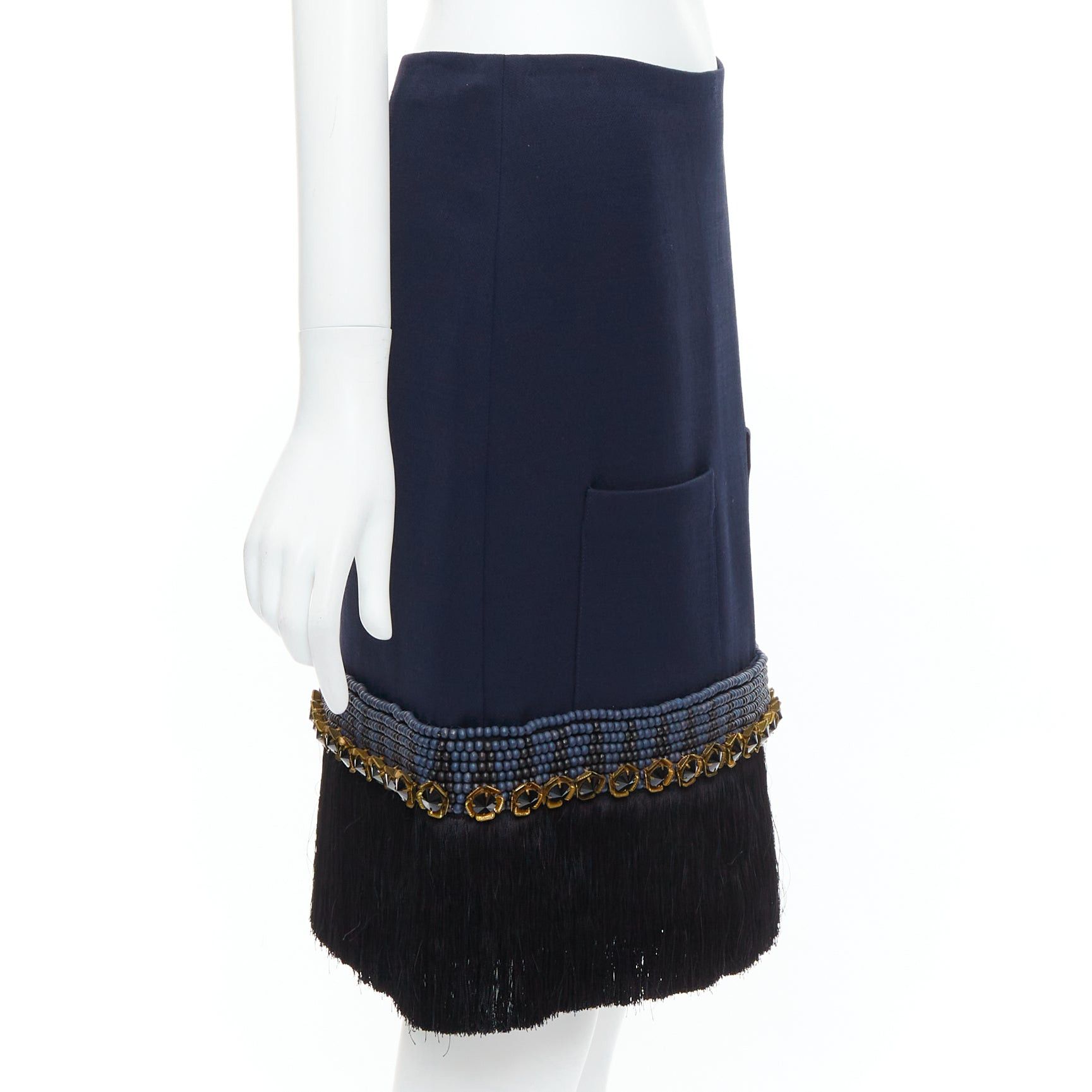 Marni MARNI navy bead black crystal fringe embellished hem knee skirt IT38 XS Size 26" / US 2 / IT 38 - 4 Thumbnail