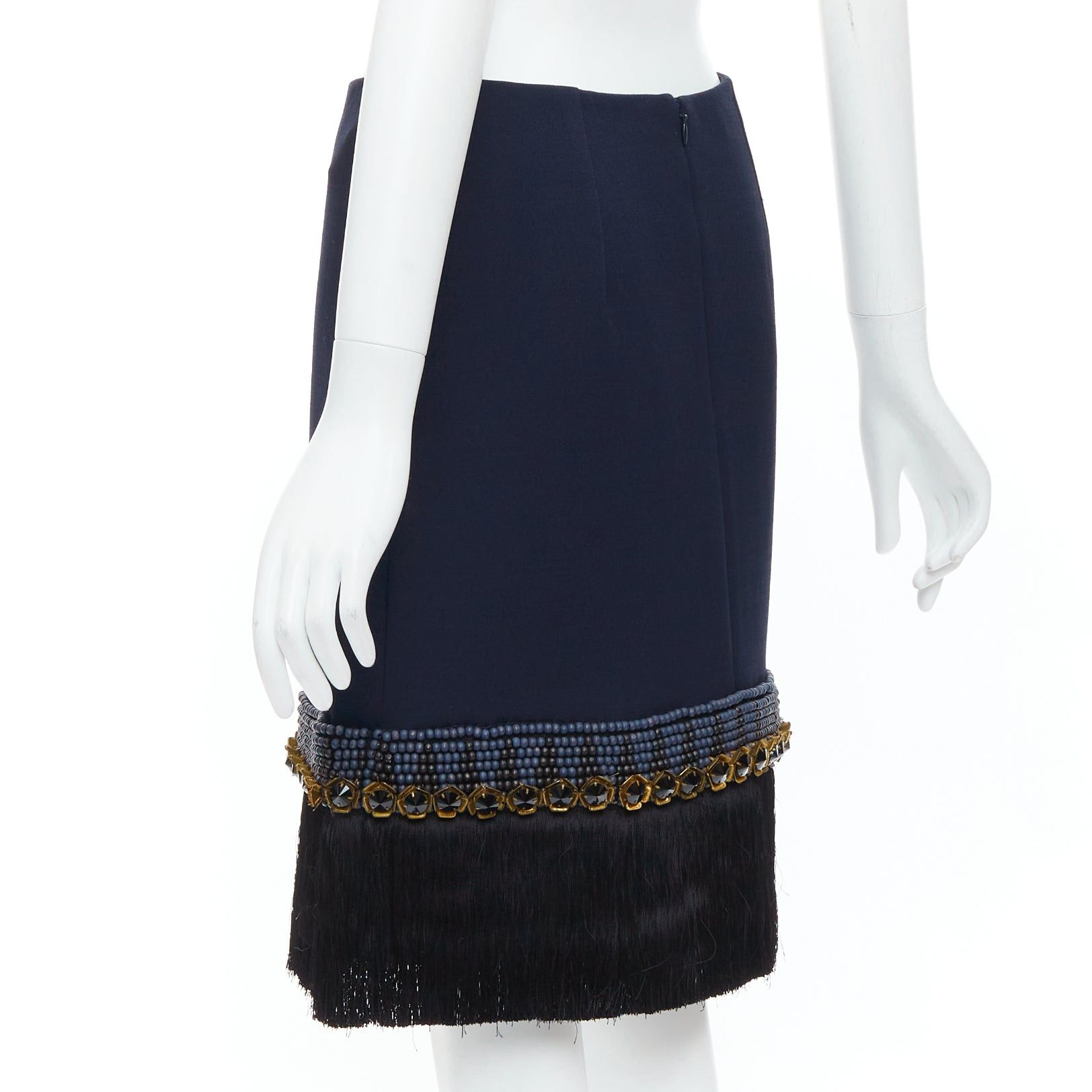 Marni MARNI navy bead black crystal fringe embellished hem knee skirt IT38 XS Size 26" / US 2 / IT 38 - 6 Thumbnail