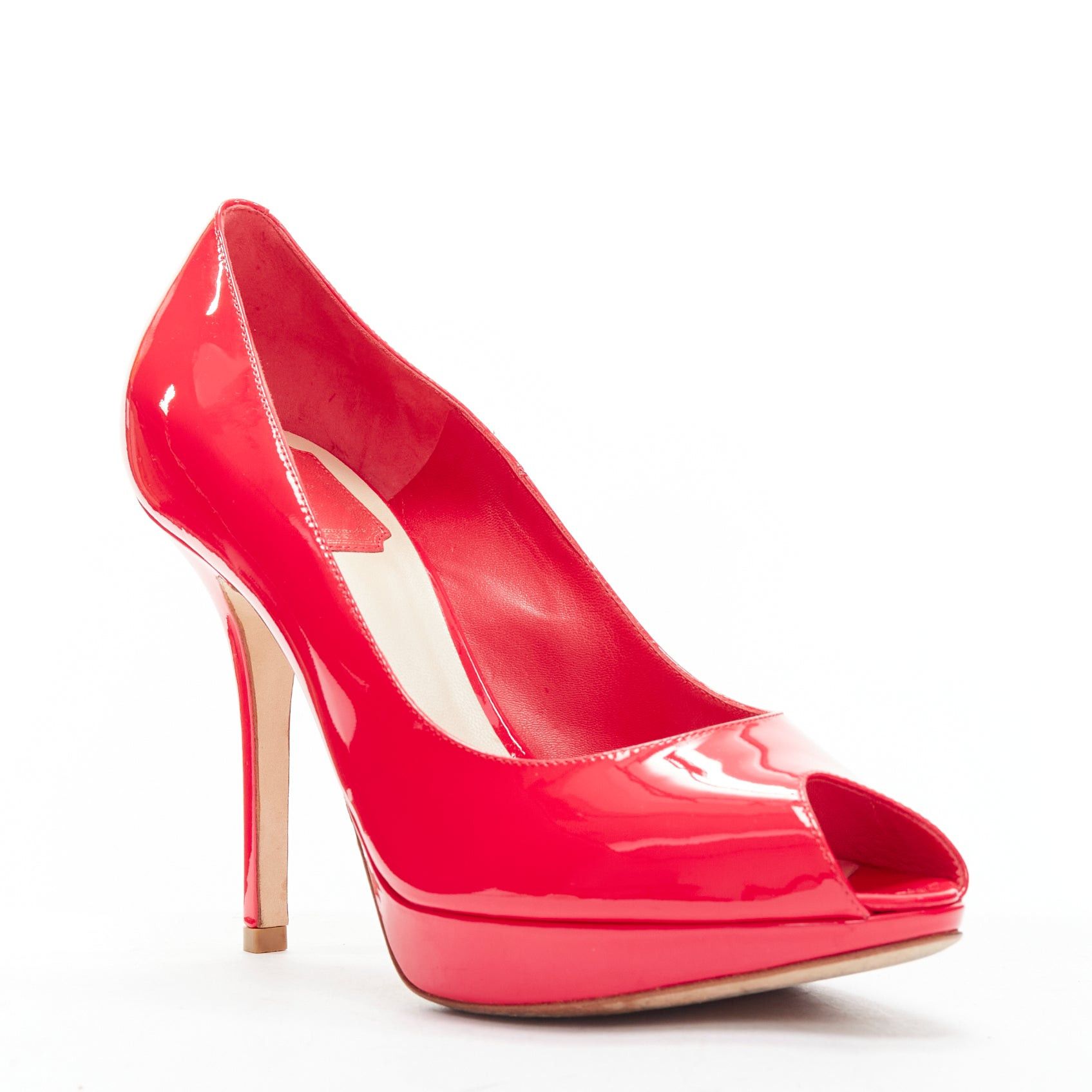 Dior CHRISTIAN DIOR neon pink patent leather peep toe platform pumps EU38 Size US 8 / IT 38 - 2 Thumbnail