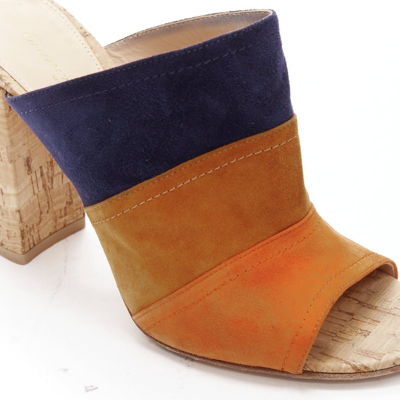 Gianvito Rossi GIANVITO ROSSI orange brown navy suede leather color block cork mules EU37 Size US 7 / IT 37 - 7 Thumbnail