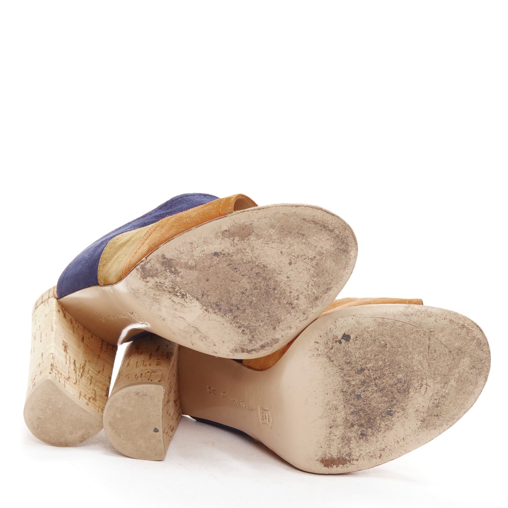 Gianvito Rossi GIANVITO ROSSI orange brown navy suede leather color block cork mules EU37 Size US 7 / IT 37 - 11 Thumbnail