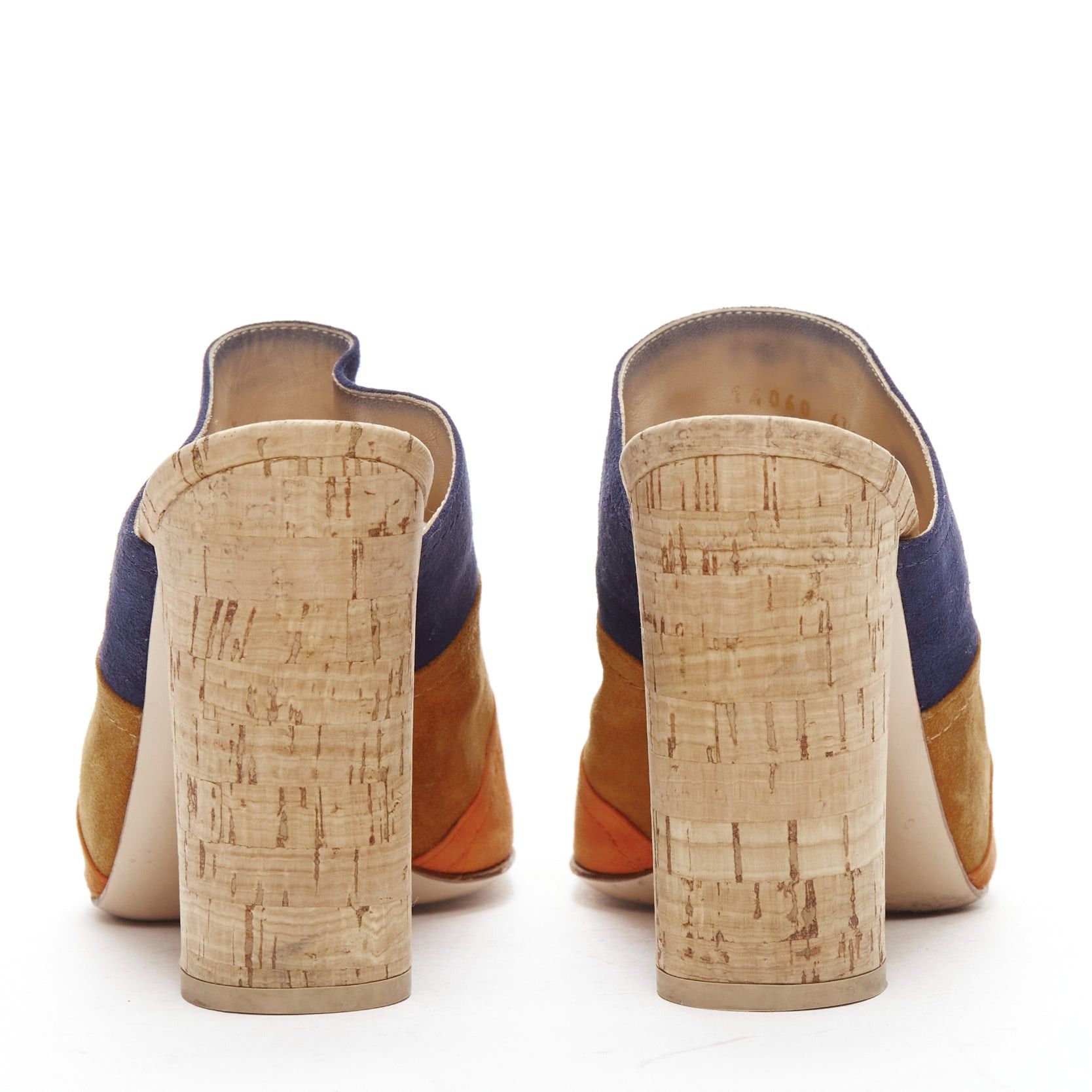 Gianvito Rossi GIANVITO ROSSI orange brown navy suede leather color block cork mules EU37 Size US 7 / IT 37 - 5 Thumbnail