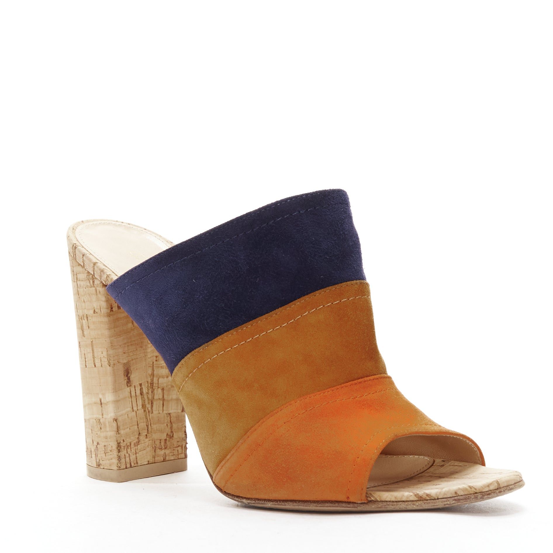 Gianvito Rossi GIANVITO ROSSI orange brown navy suede leather color block cork mules EU37 Size US 7 / IT 37 - 2 Thumbnail