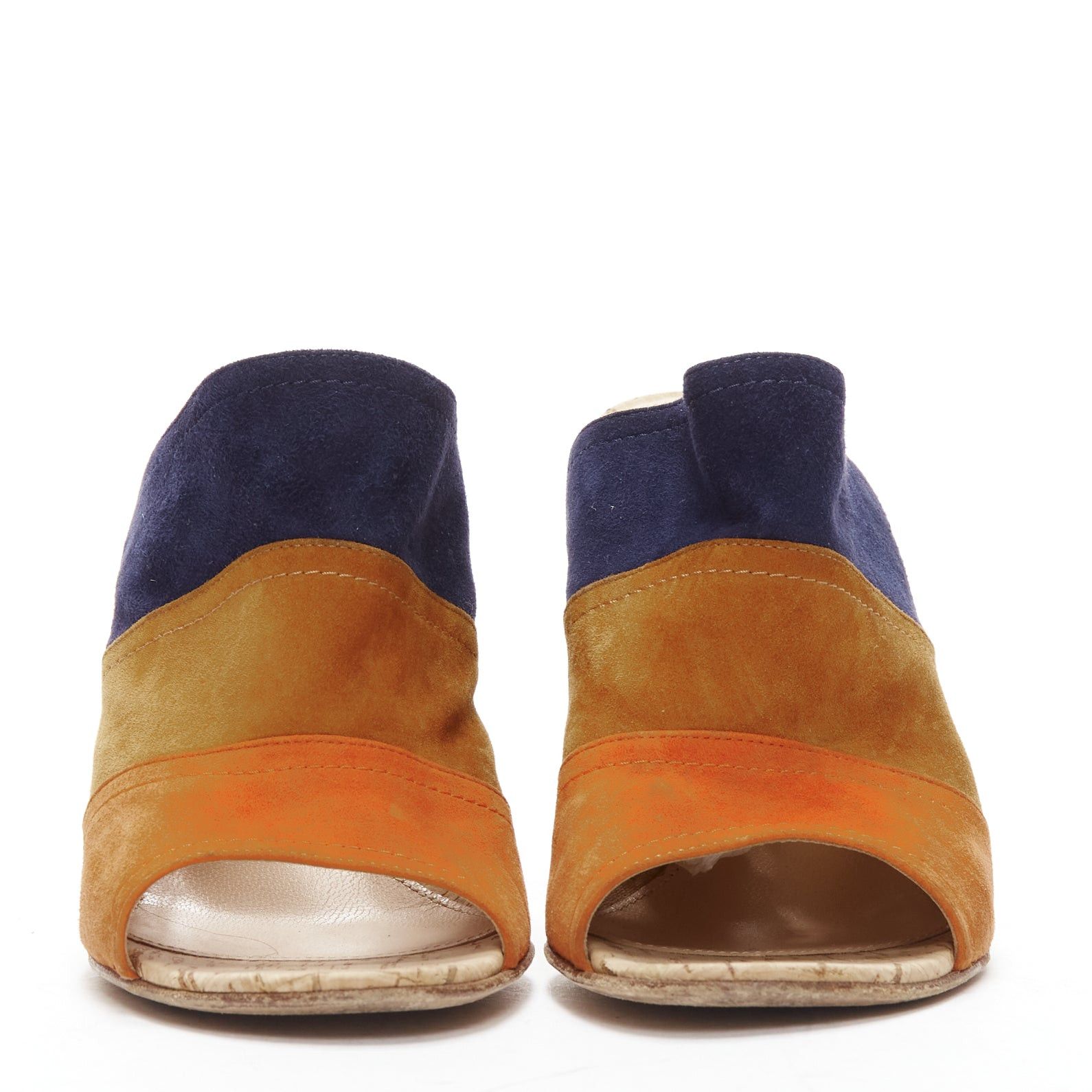 Gianvito Rossi GIANVITO ROSSI orange brown navy suede leather color block cork mules EU37 Size US 7 / IT 37 - 3 Thumbnail