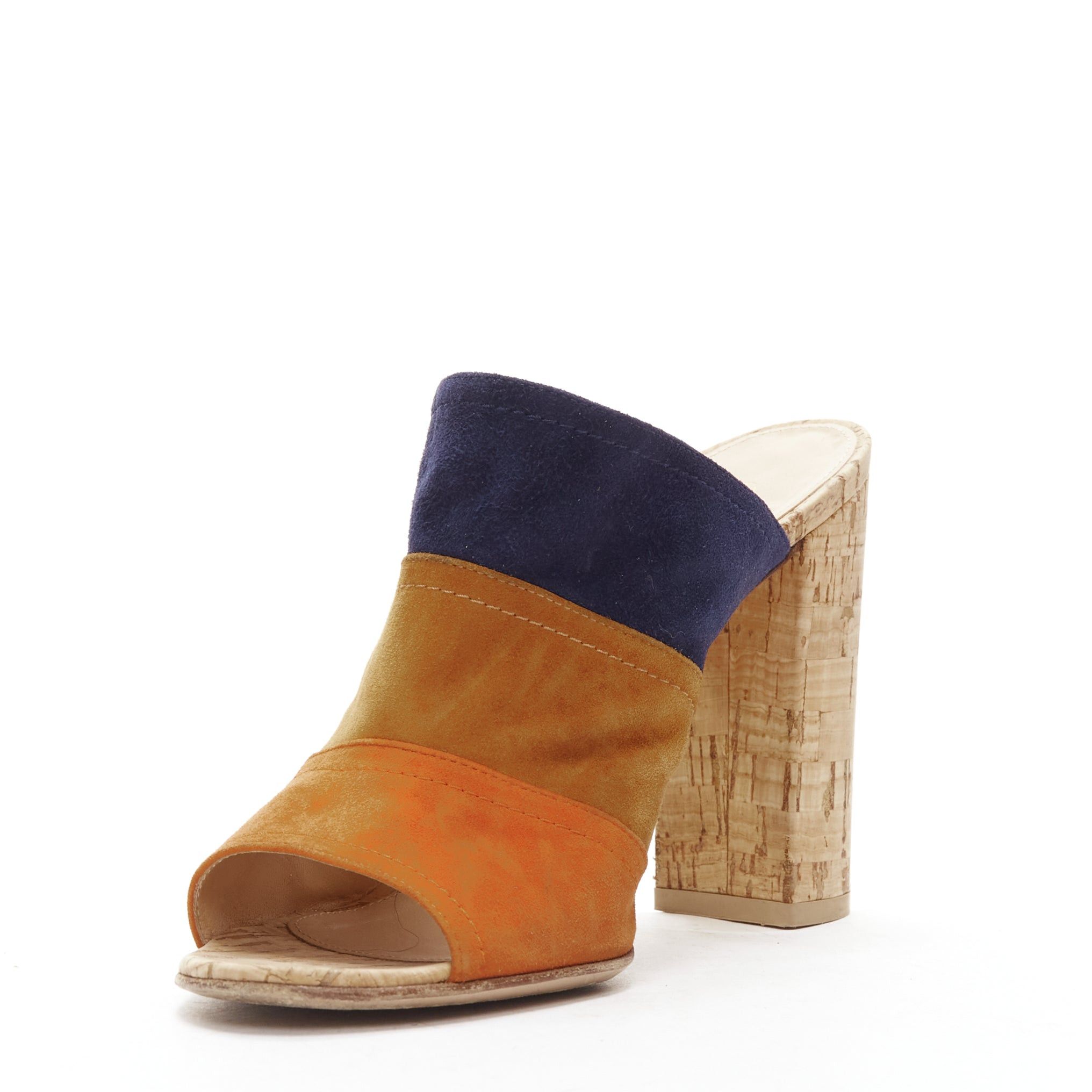 Gianvito Rossi GIANVITO ROSSI orange brown navy suede leather color block cork mules EU37 Size US 7 / IT 37 - 4 Thumbnail