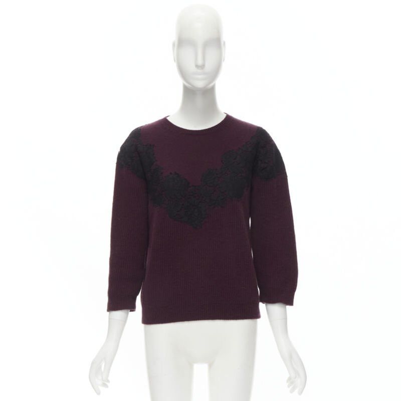 Valentino VALENTINO burgundy red virgin wool cashmere black lace applique sweater XL Size XL / US 12-14 / IT 48-50 - 10 Thumbnail