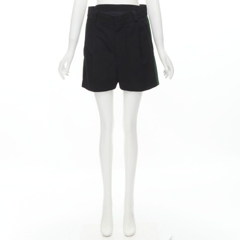 Haider Ackermann HAIDER ACKERMANN black green grosgrain trimmed side pleated front shorts FR34 XS Size 25" / US 0 / IT 36 - 9 Thumbnail