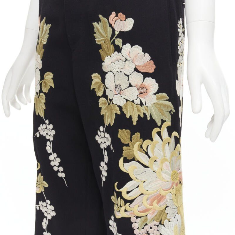 Gucci GUCCI 2017 black wool chrysanthemum floral embroidery wide leg trousers IT38 XS Size 26" / US 2 / IT 38 - 2 Thumbnail