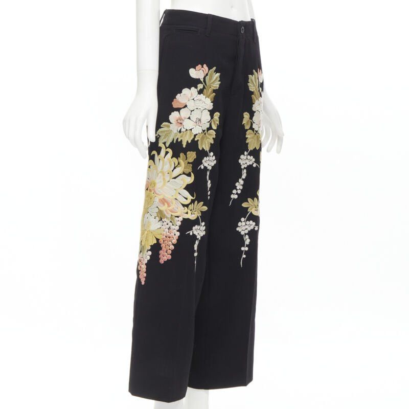 Gucci GUCCI 2017 black wool chrysanthemum floral embroidery wide leg trousers IT38 XS Size 26" / US 2 / IT 38 - 3 Thumbnail