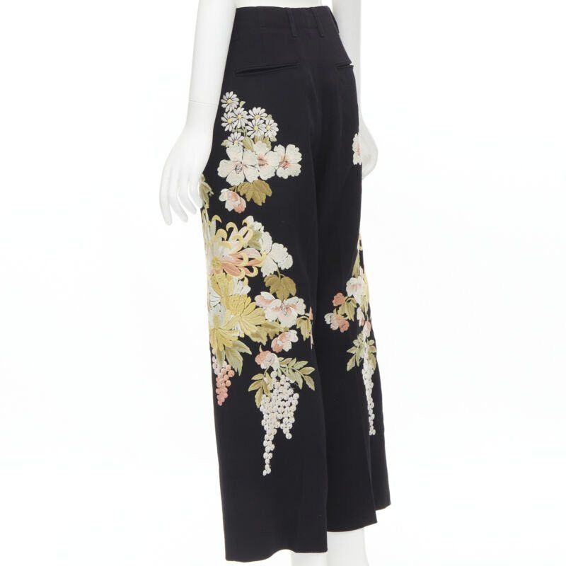 Gucci GUCCI 2017 black wool chrysanthemum floral embroidery wide leg trousers IT38 XS Size 26" / US 2 / IT 38 - 6 Thumbnail