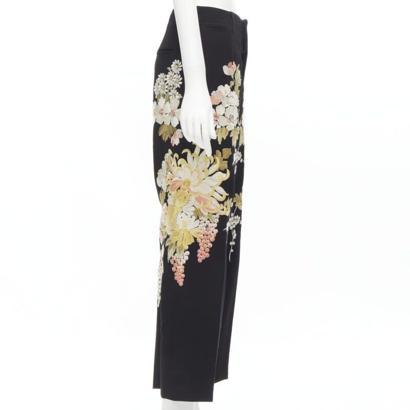 Gucci GUCCI 2017 black wool chrysanthemum floral embroidery wide leg trousers IT38 XS Size 26" / US 2 / IT 38 - 4 Thumbnail