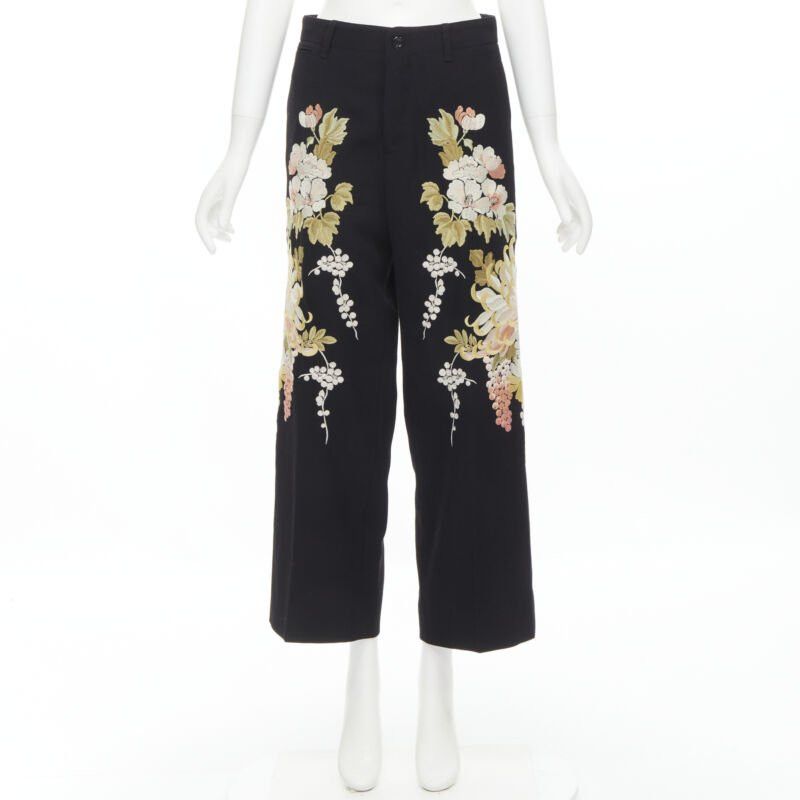 Gucci GUCCI 2017 black wool chrysanthemum floral embroidery wide leg trousers IT38 XS Size 26" / US 2 / IT 38 - 10 Thumbnail