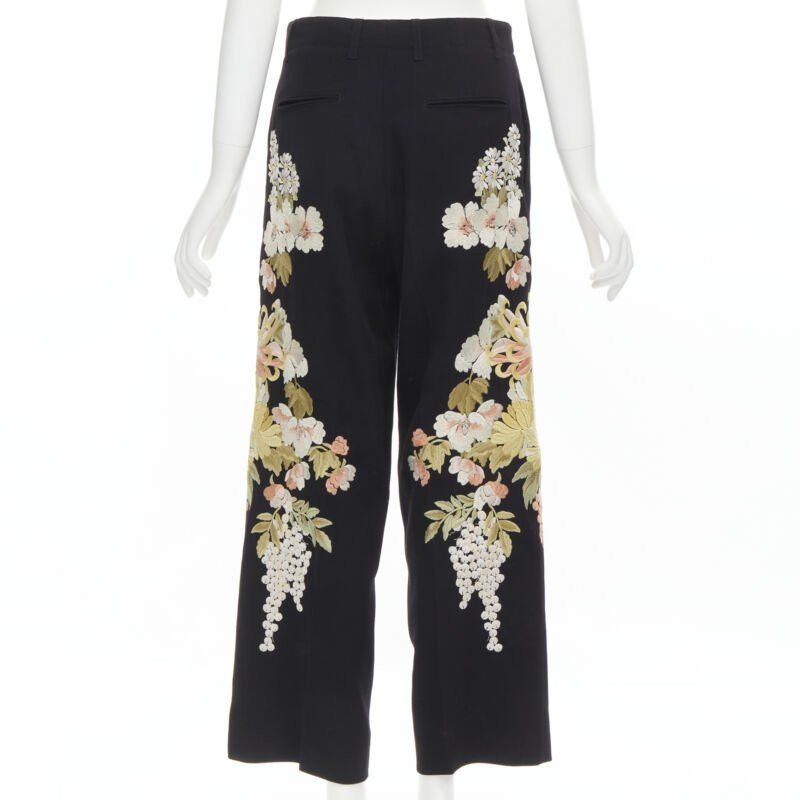 Gucci GUCCI 2017 black wool chrysanthemum floral embroidery wide leg trousers IT38 XS Size 26" / US 2 / IT 38 - 5 Thumbnail