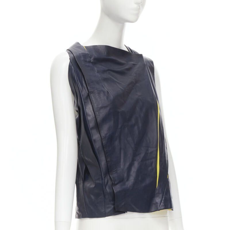 Balenciaga new BALENCIAGA 2010 Runway Ghesquiere navy yellow leather pleated top FR38 S Size S / US 4 / IT 40 - 3 Thumbnail