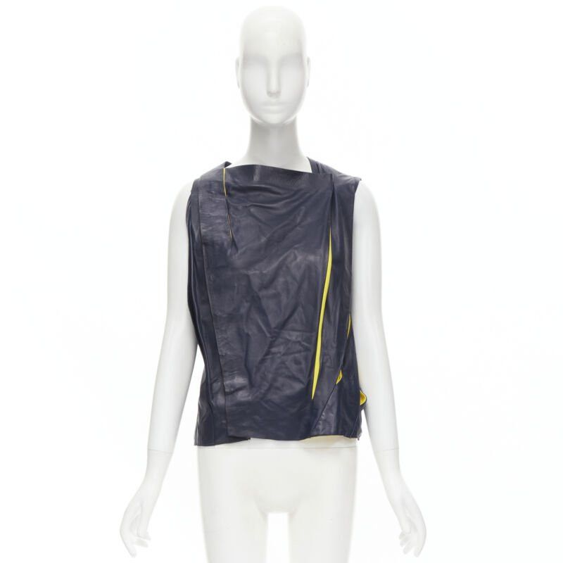 Balenciaga new BALENCIAGA 2010 Runway Ghesquiere navy yellow leather pleated top FR38 S Size S / US 4 / IT 40 - 12 Thumbnail