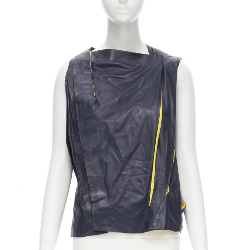 Balenciaga new BALENCIAGA 2010 Runway Ghesquiere navy yellow leather pleated top FR38 S Size S / US 4 / IT 40 - 2 Thumbnail